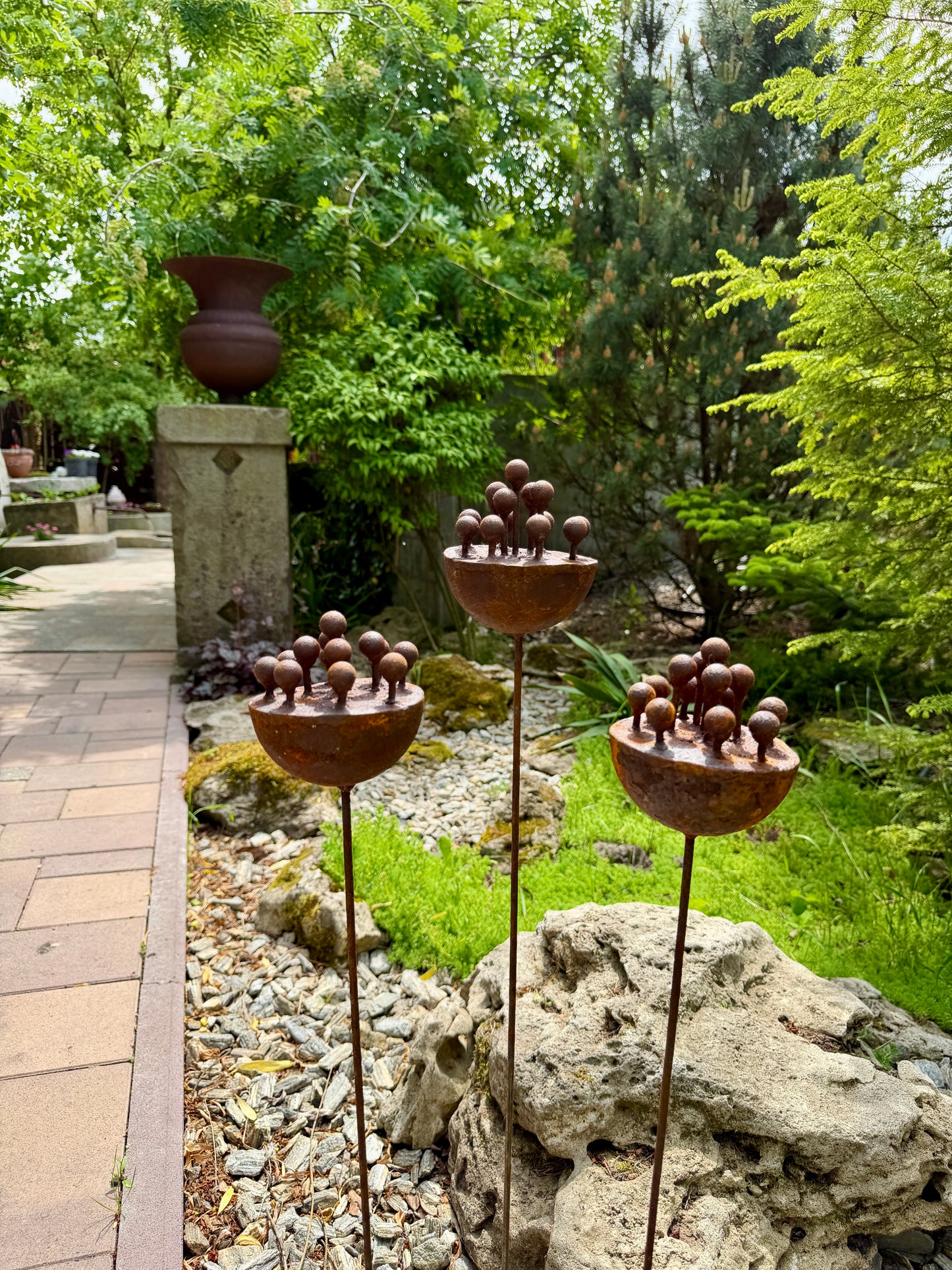 Set of 3 Exotic Rusty Metal Flowers - Corten Steel Garden Stakes & Yard Art