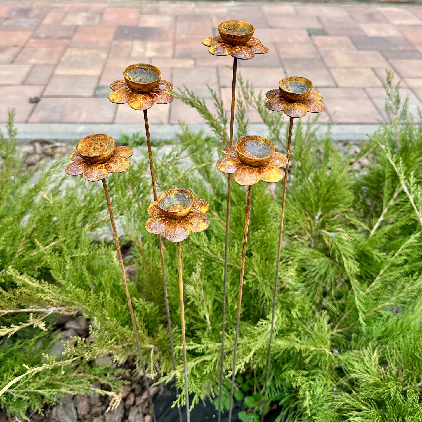 Rusty Flowers Set of 6 – Garden Stakes, Metal Garden Decor, Rain Catchers, Outdoor Metal Art, Rustic Yard Sculpture, Weathered Garden Accent