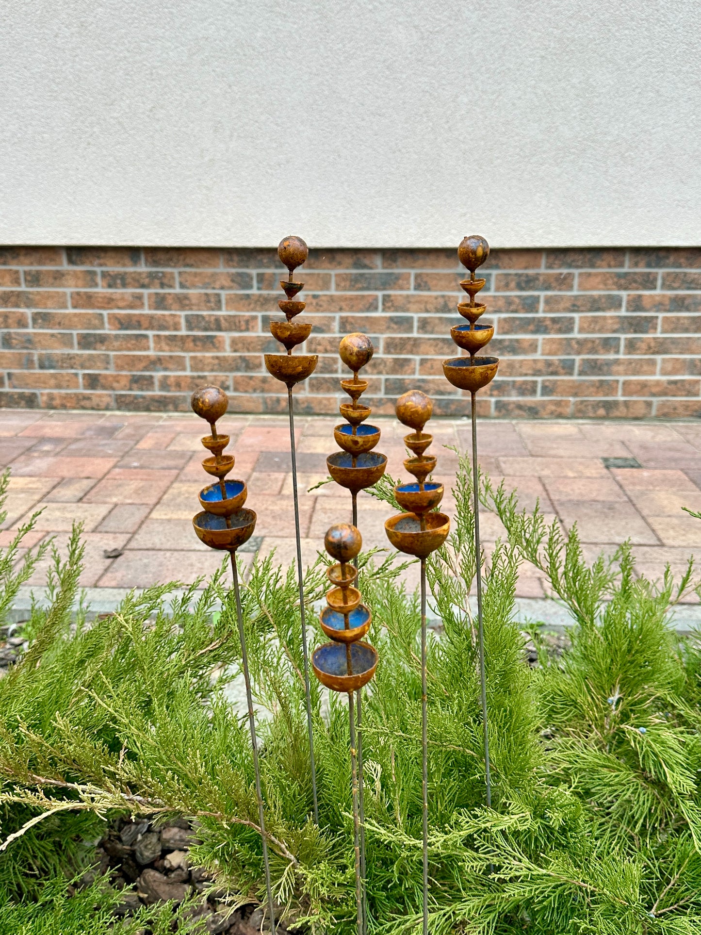 Rusty Outdoor Decor Set of 6 Tiny Flower Garden Stakes, Metal Flower Garden Decor, Metal Yard Art, Rustic Metal Garden Ornament