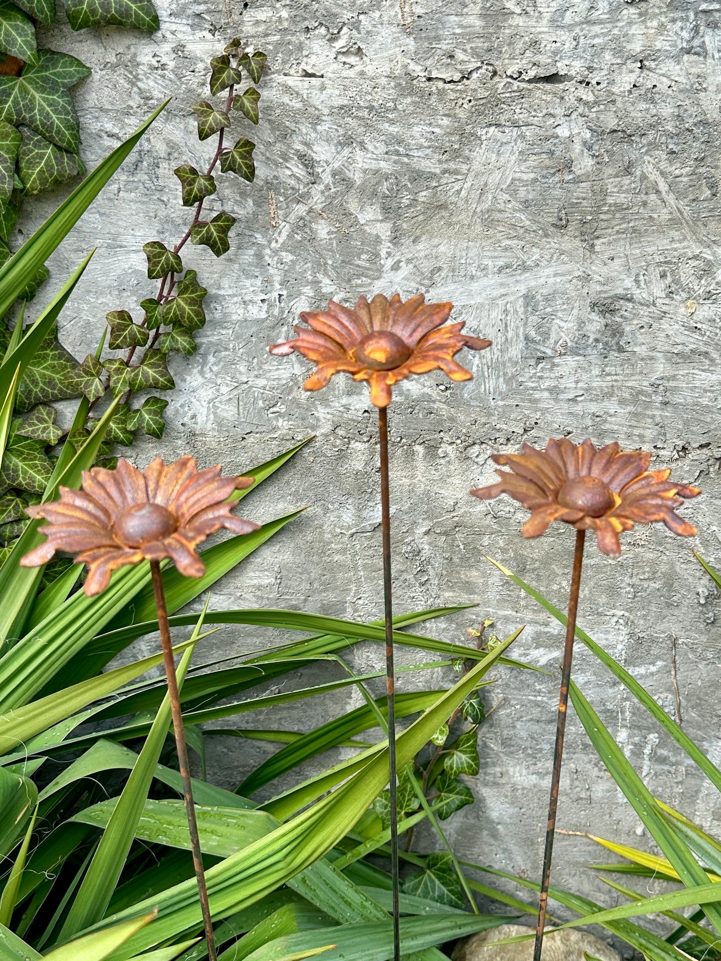 Rusty Flowers Set of 3, Metal Garden Decor, 3 Garden Stakes with Rusty Flowers, Outdoor Metal Yard Art, Rustic Weathered Metal Sculpture