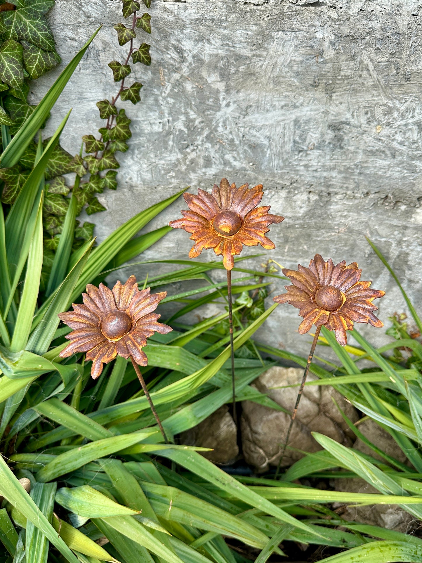 Rusty Flowers Set of 3, Metal Garden Decor, 3 Garden Stakes with Rusty Flowers, Outdoor Metal Yard Art, Rustic Weathered Metal Sculpture
