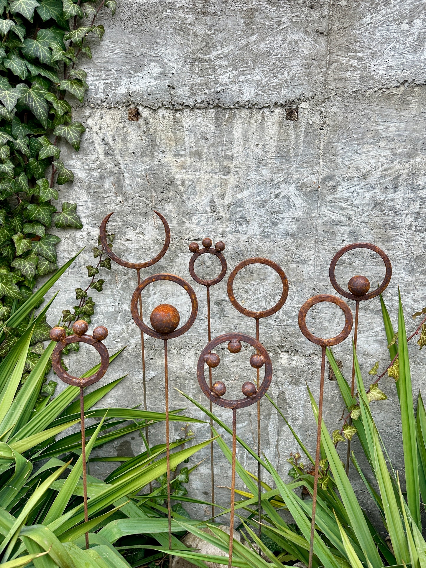 Set of 8 Rusty Metal Garden Stakes & Finials Unique Outdoor Decor for Your Garden