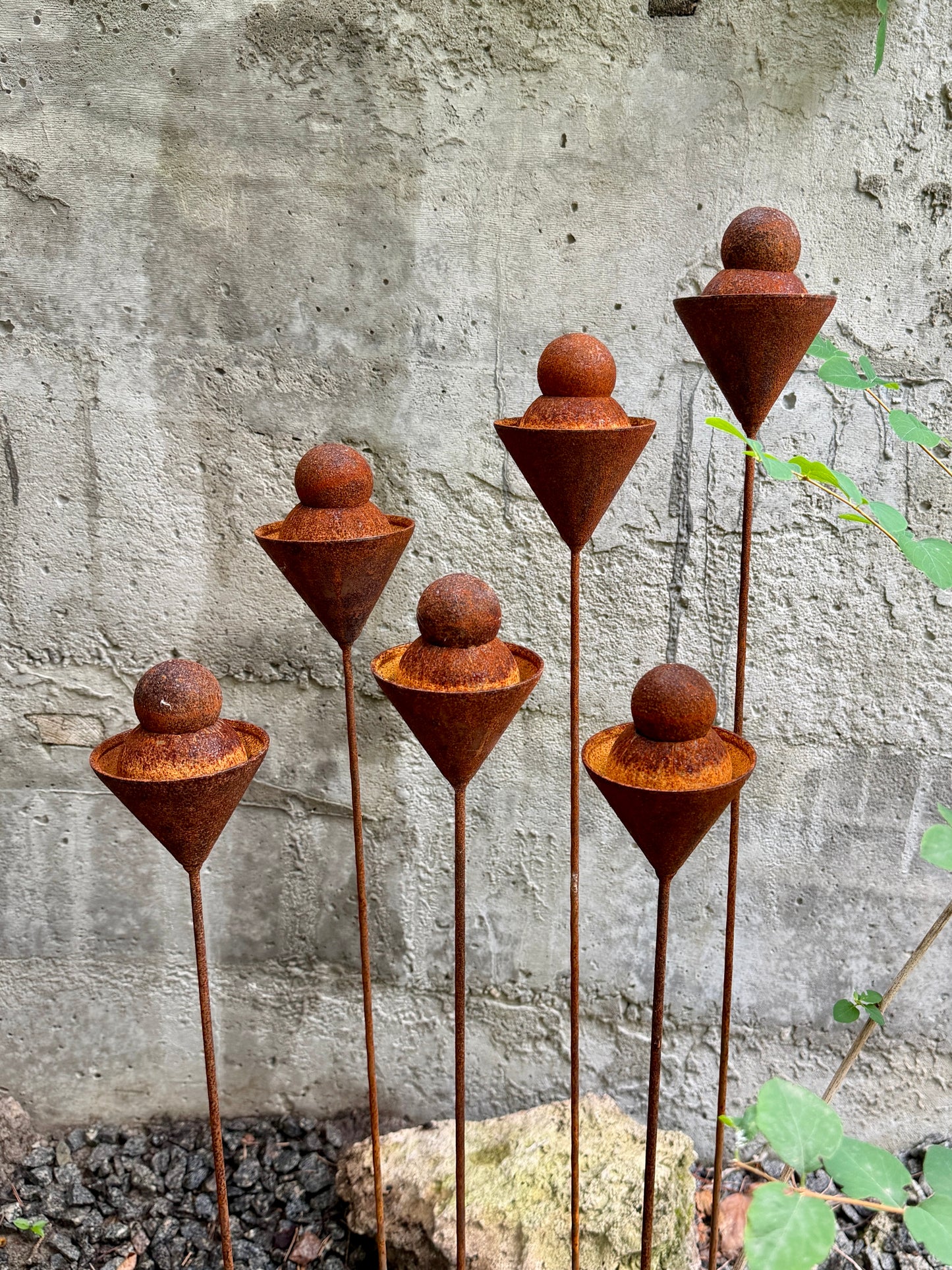 Set of 6 Rusty Metal Geometric Finials - Sculptural Garden Stakes and Modern Yard Art