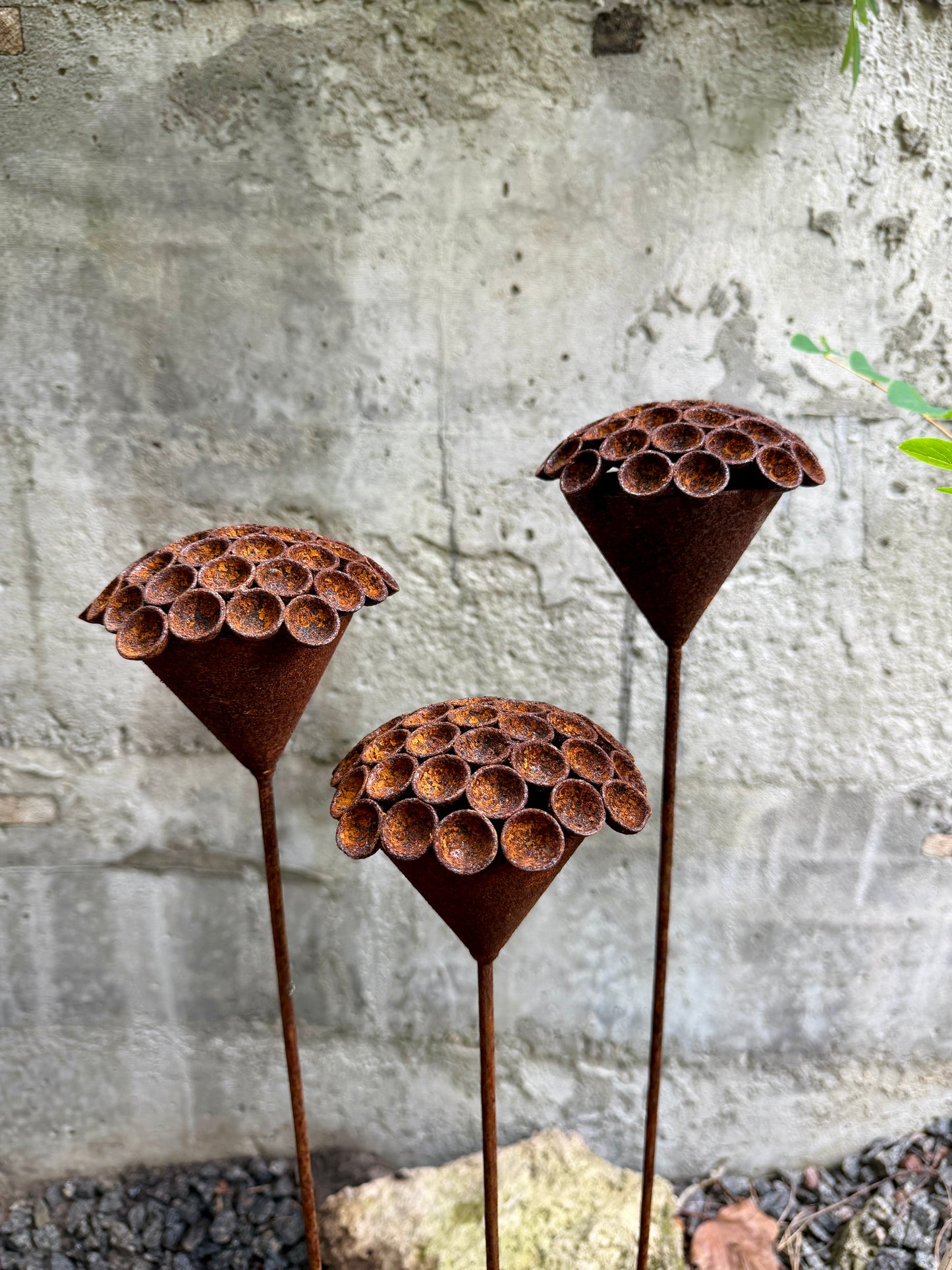Set of 3 Rusty Metal Exotic Flowers - Sculptural Garden Stakes and Unique Yard Art