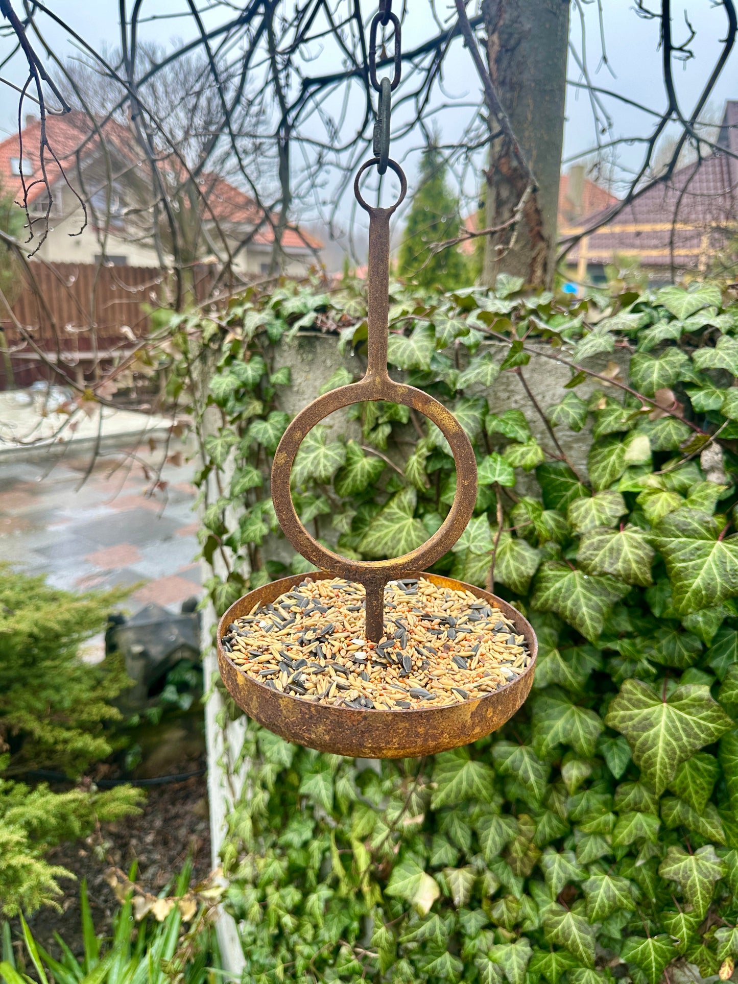 Modern Rusty Metal Bird Feeders, Bird Perch, Outdoor Garden Decor, Bird Snack Bowl, Rustic Garden Ornaments, Metal Bird Seedbed