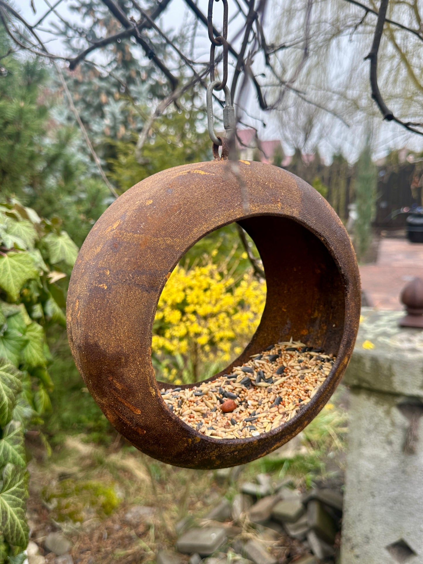 Rusty Bird Feeder, Modern Rusty Metal Bird Feeders, Bird Snack Bowl, Outdoor Garden Decor, Bird Perch, Metal Garden Decor, Yard Art