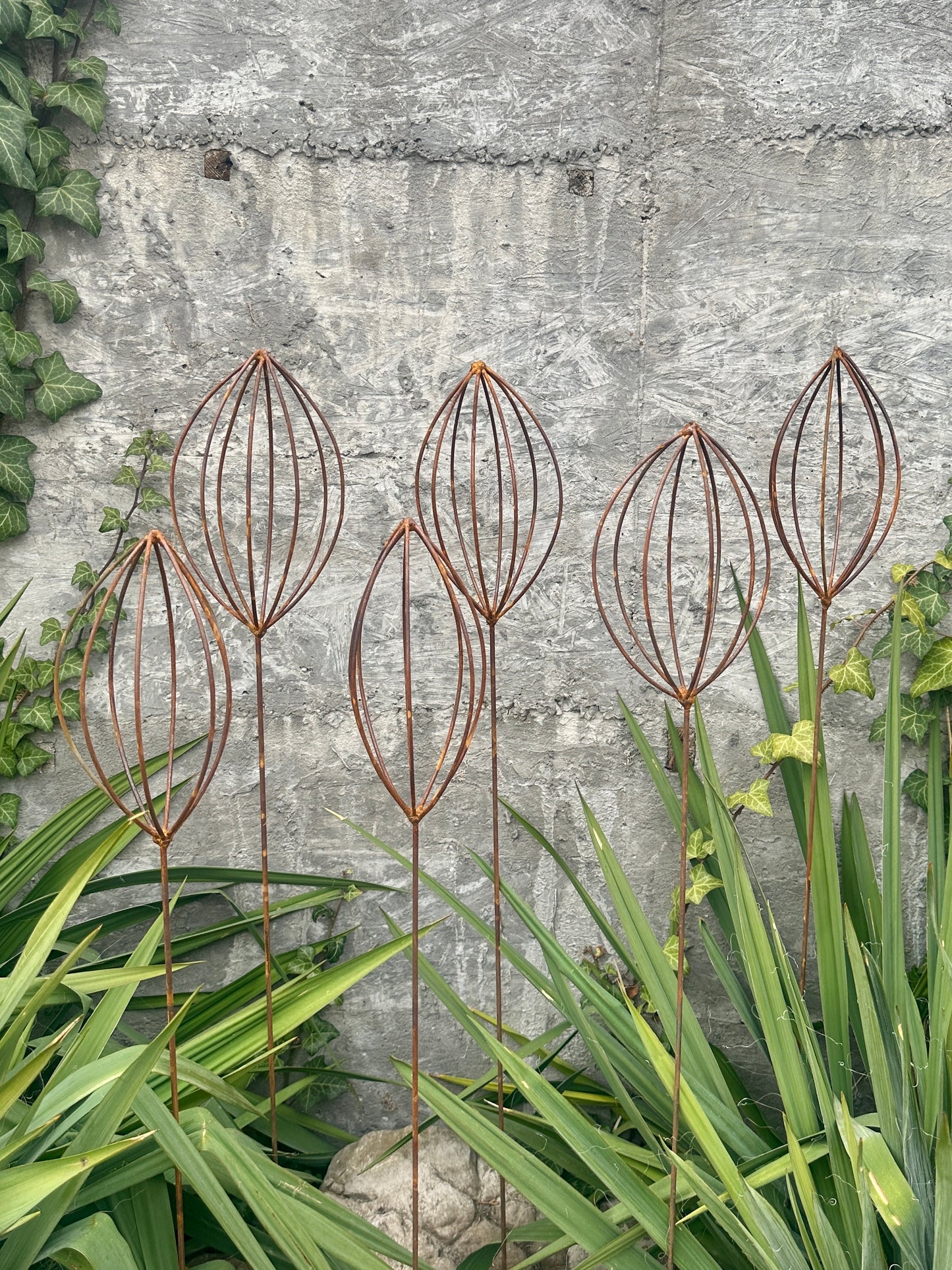 Rusty Finials Set of 6, Garden Stakes, Metal Garden Decor, Metal Yard Art, Outdoor Metal Accents, Rustic Metal Ornaments, Garden Sculpture