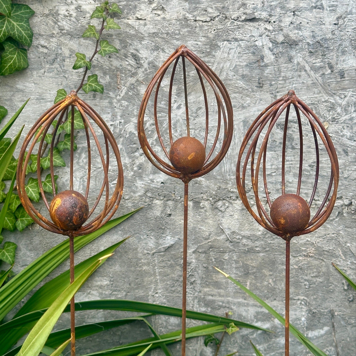 Rusty Finials Set of 3, Rustic Metal Garden Stakes, Outdoor Yard Art, Weathered Metal Ornaments, Unique Garden Sculpture and Decor