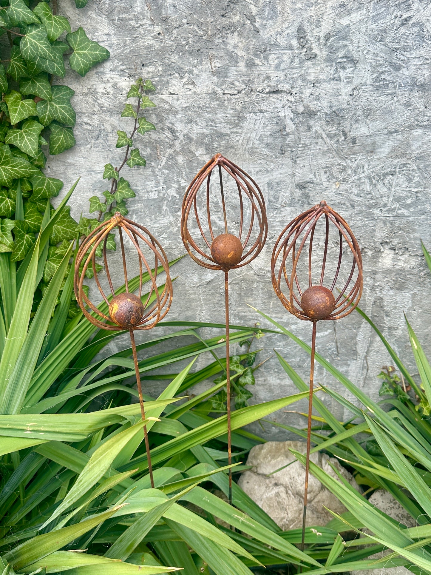 Rusty Finials Set of 3, Rustic Metal Garden Stakes, Outdoor Yard Art, Weathered Metal Ornaments, Unique Garden Sculpture and Decor
