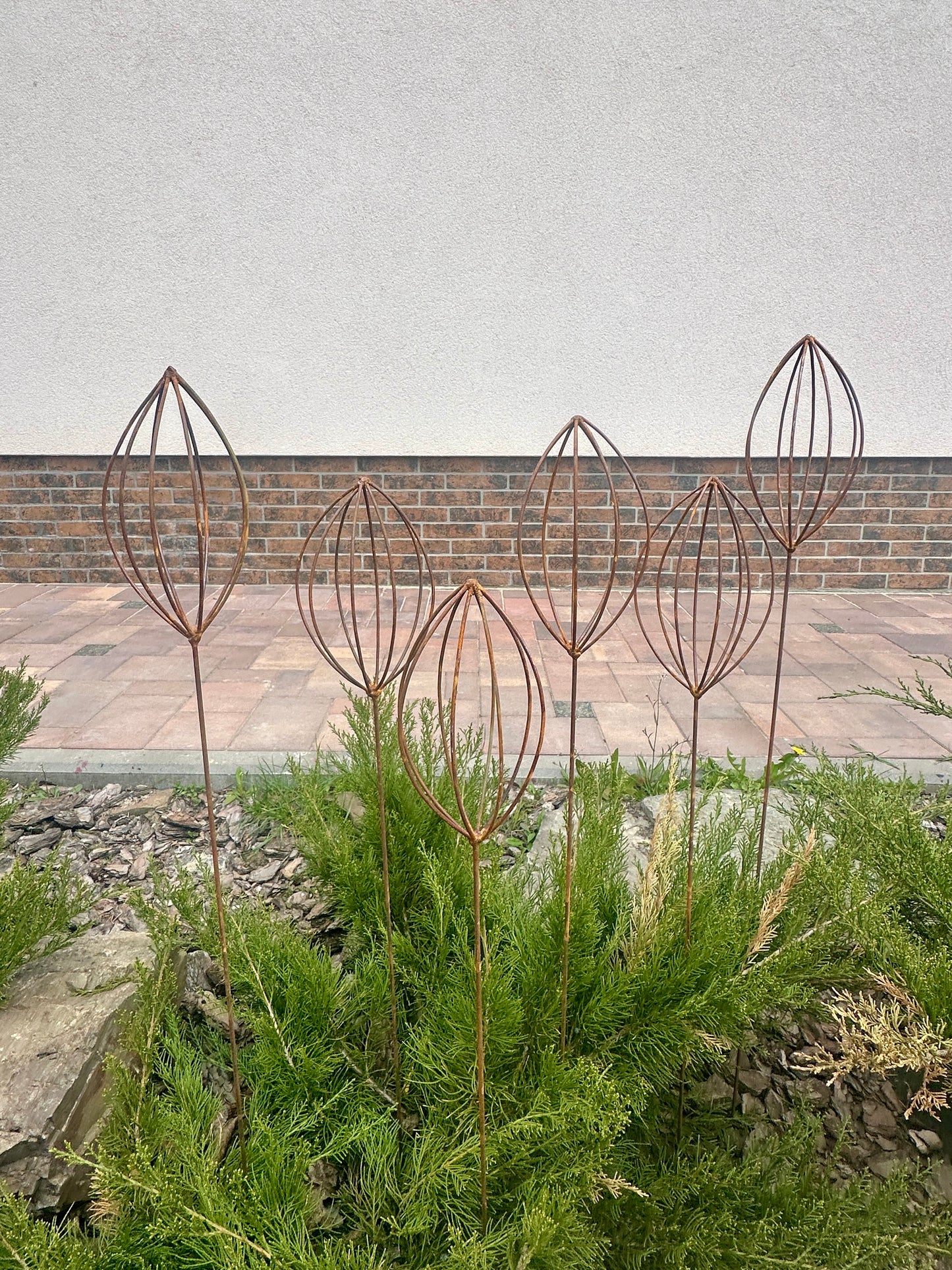 Rusty Finials Set of 6, Garden Stakes, Metal Garden Decor, Metal Yard Art, Outdoor Metal Accents, Rustic Metal Ornaments, Garden Sculpture