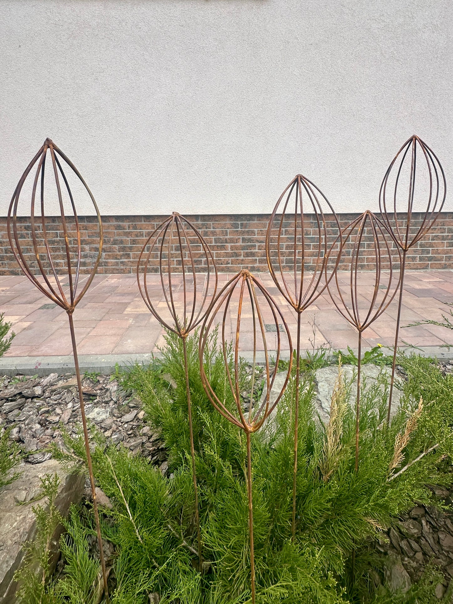 Rusty Finials Set of 6, Garden Stakes, Metal Garden Decor, Metal Yard Art, Outdoor Metal Accents, Rustic Metal Ornaments, Garden Sculpture