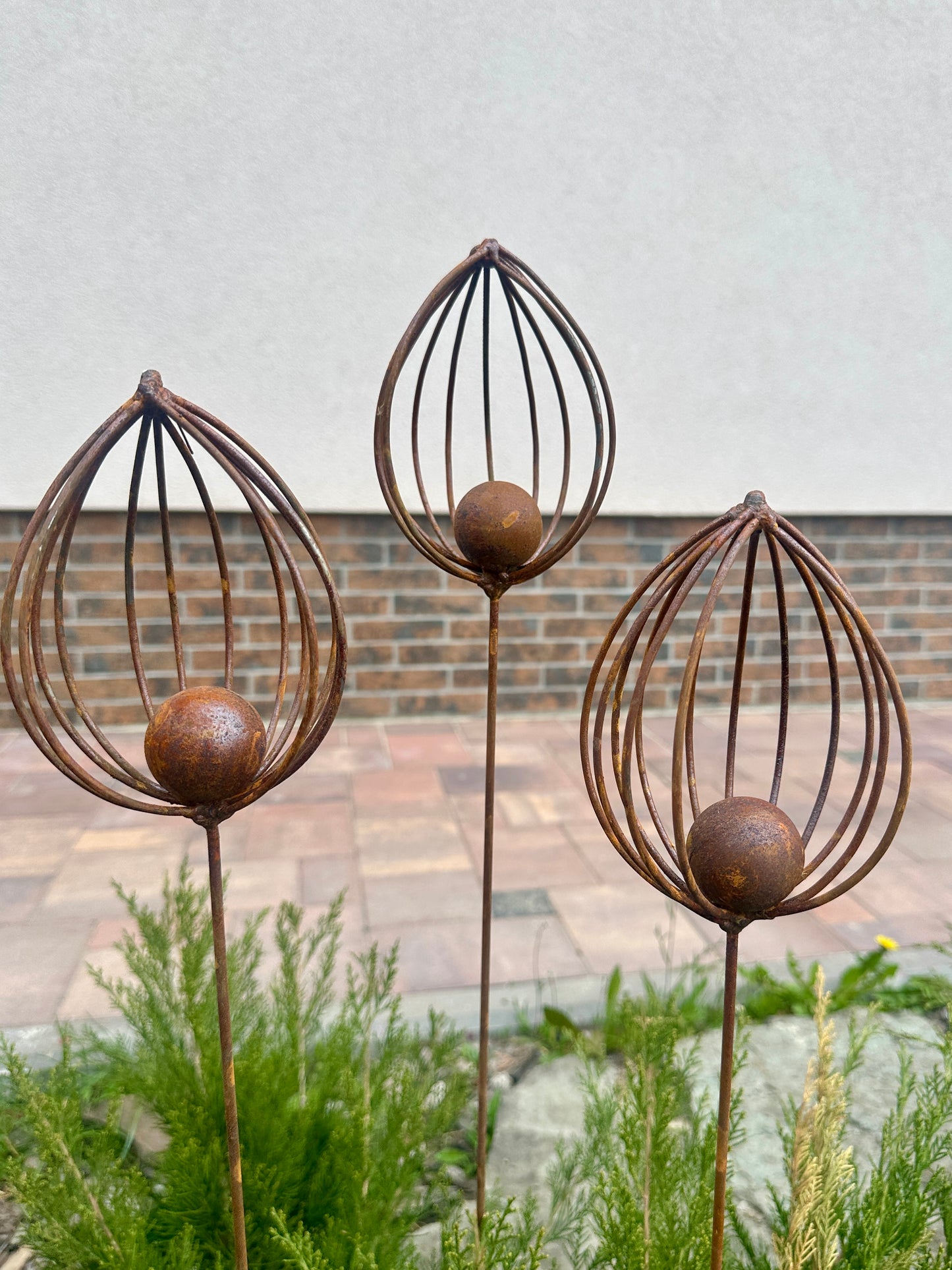 Rusty Finials Set of 3, Rustic Metal Garden Stakes, Outdoor Yard Art, Weathered Metal Ornaments, Unique Garden Sculpture and Decor