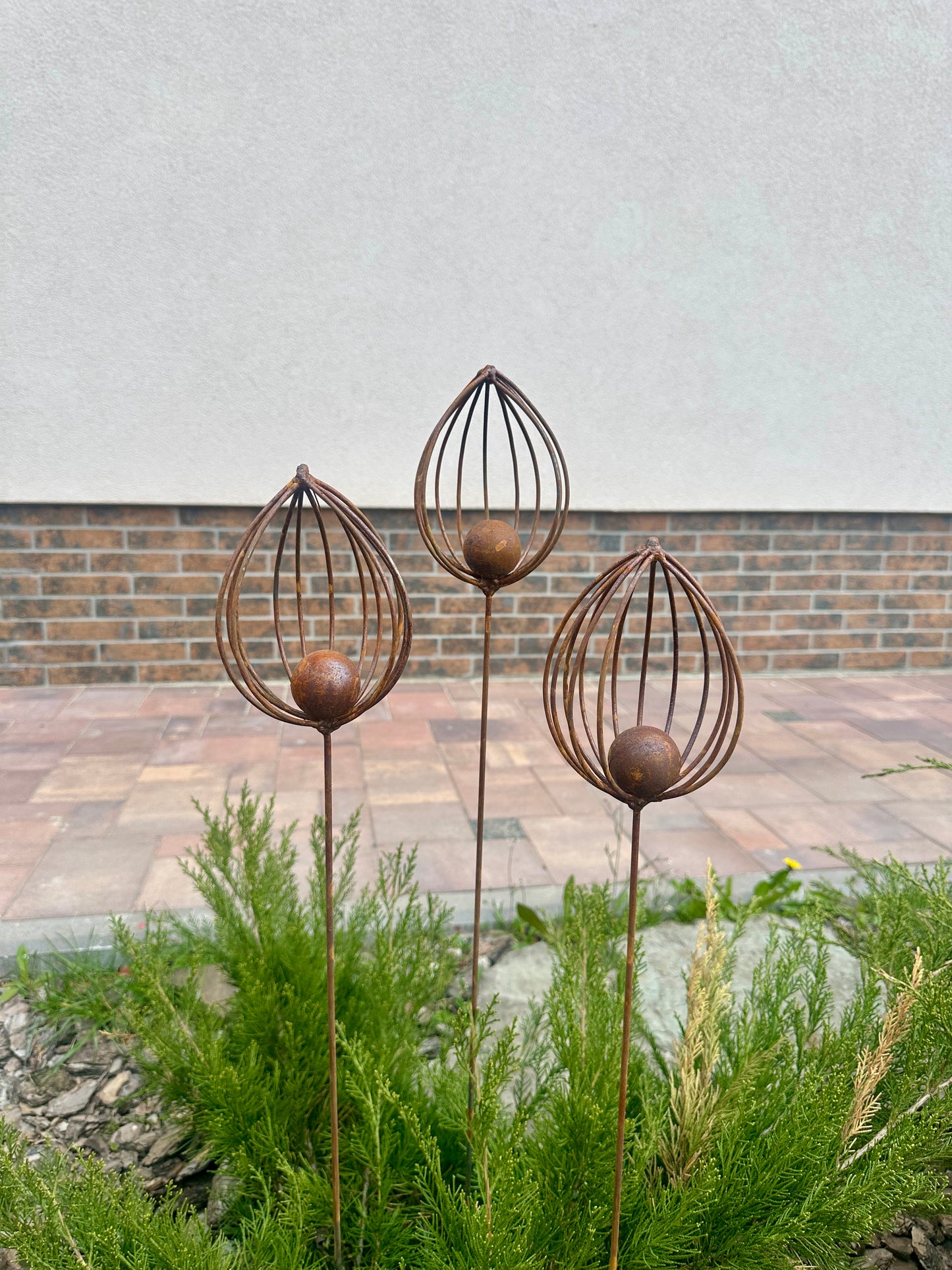 Rusty Finials Set of 3, Rustic Metal Garden Stakes, Outdoor Yard Art, Weathered Metal Ornaments, Unique Garden Sculpture and Decor
