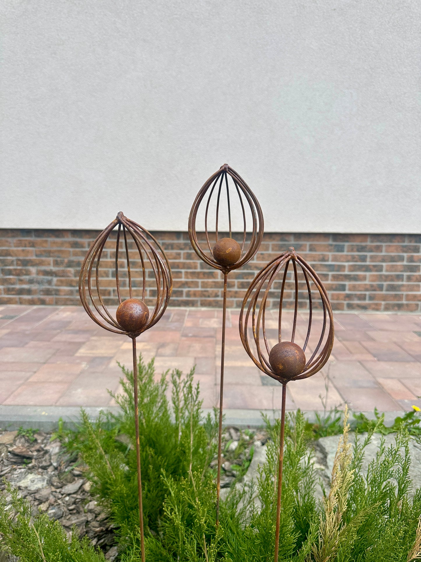 Rusty Finials Set of 3, Rustic Metal Garden Stakes, Outdoor Yard Art, Weathered Metal Ornaments, Unique Garden Sculpture and Decor