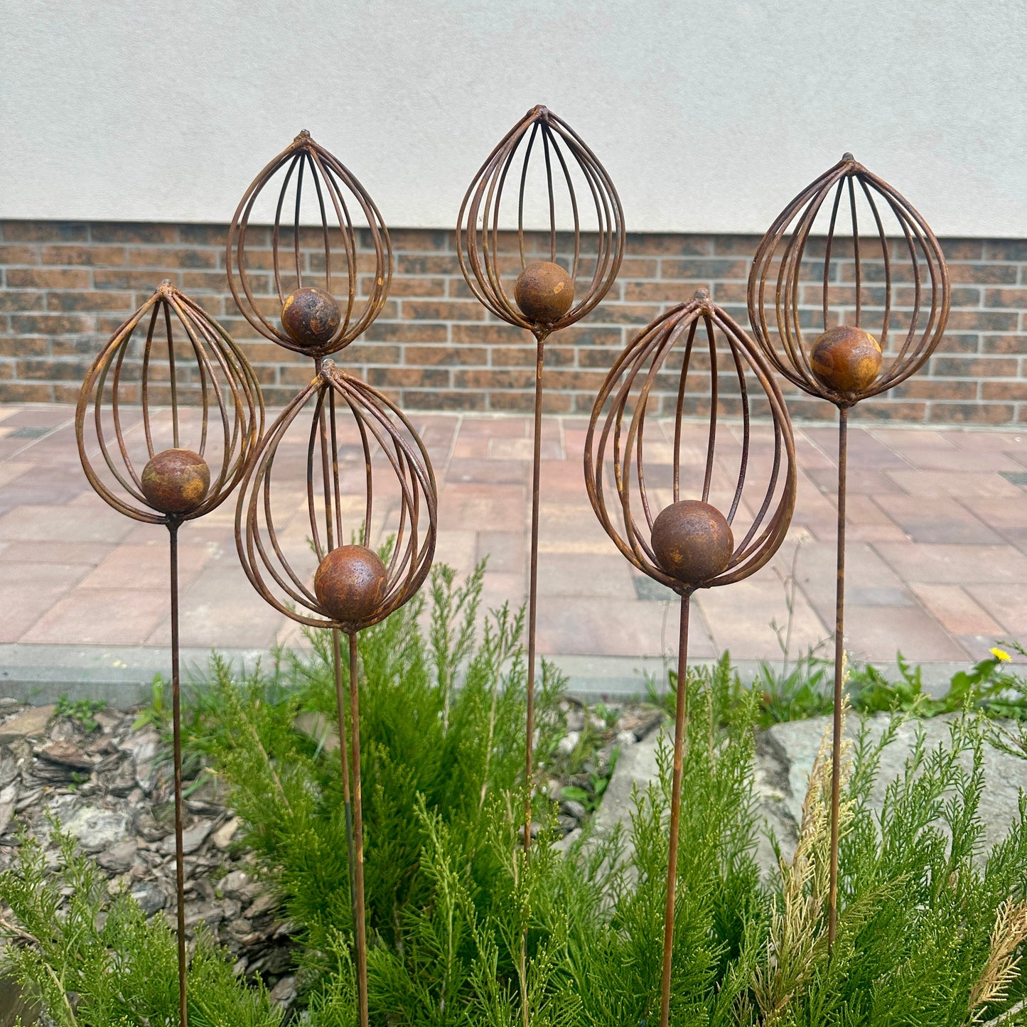 Rusty Finials Set of 6, Rustic Metal Garden Stakes, Outdoor Yard Art, Weathered Metal Ornaments, Unique Garden Sculpture and Decor