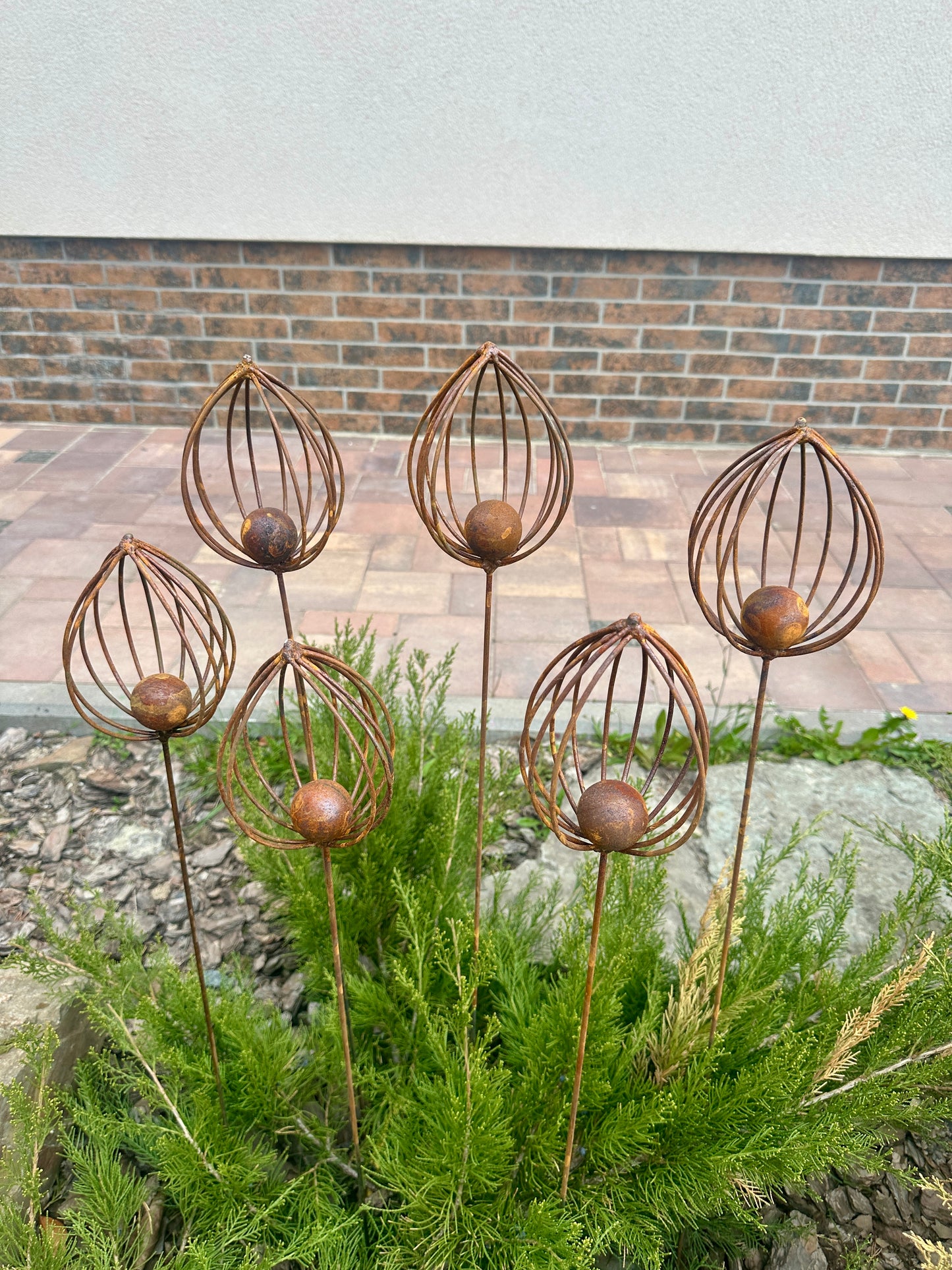 Rusty Finials Set of 6, Rustic Metal Garden Stakes, Outdoor Yard Art, Weathered Metal Ornaments, Unique Garden Sculpture and Decor
