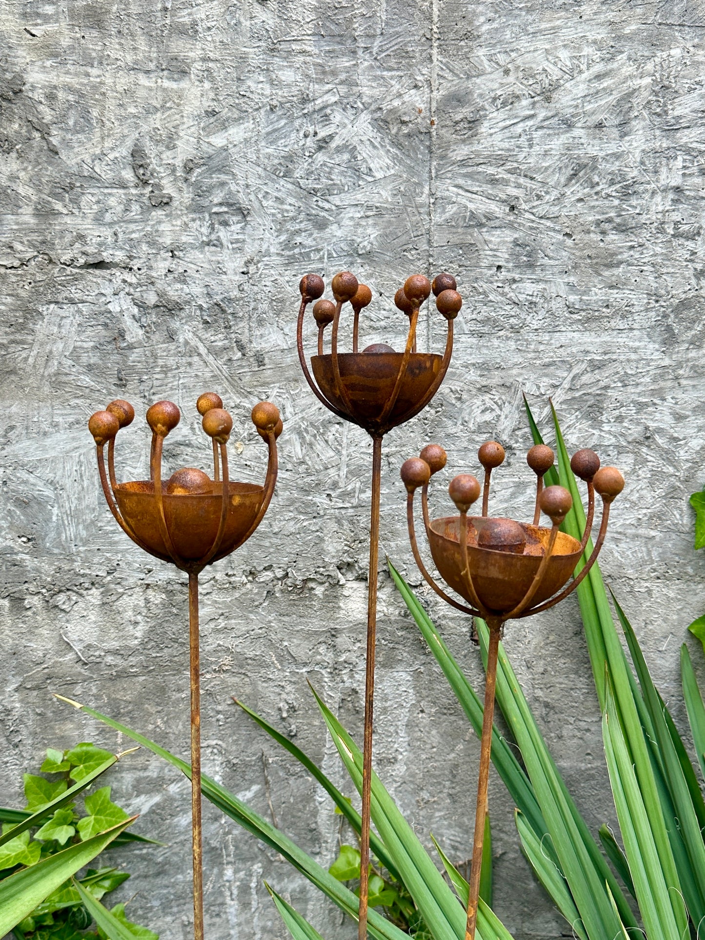Rustic Metal Exotic Flowers Set of 3, Handmade Garden Decor, Outdoor Yard Art, Unique Landscaping Accent, Rusty Flower Rain Catchers Gift