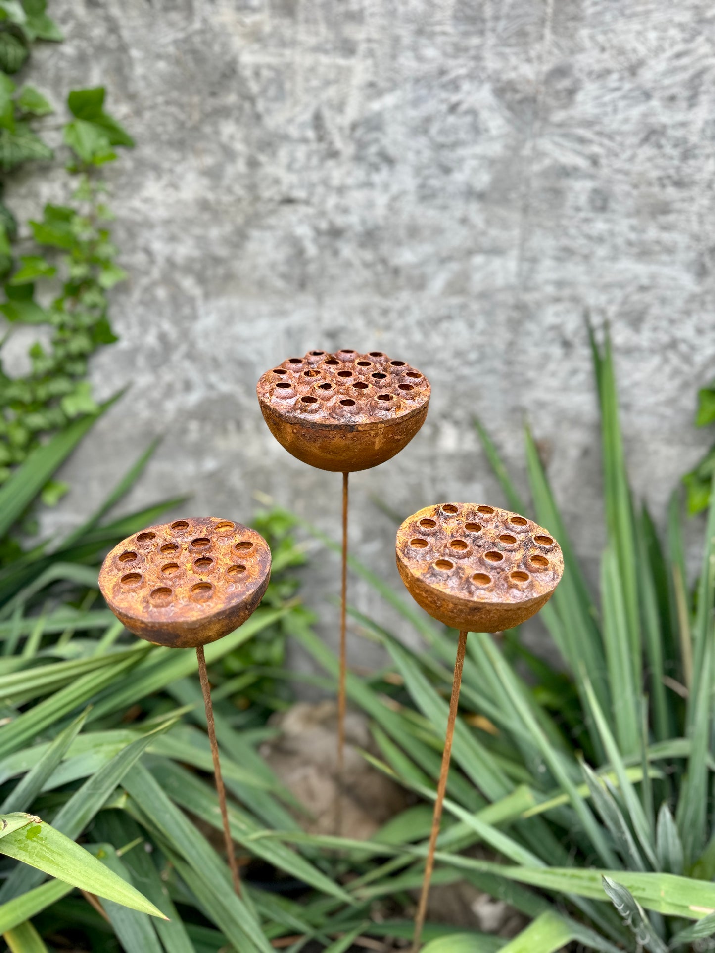 Set of 3 Rustic Metal Lotus Flowers, Garden Decorations, Handmade Sculptures, Rustic Landscaping, Garden Art, Bee and Butterflies Cups