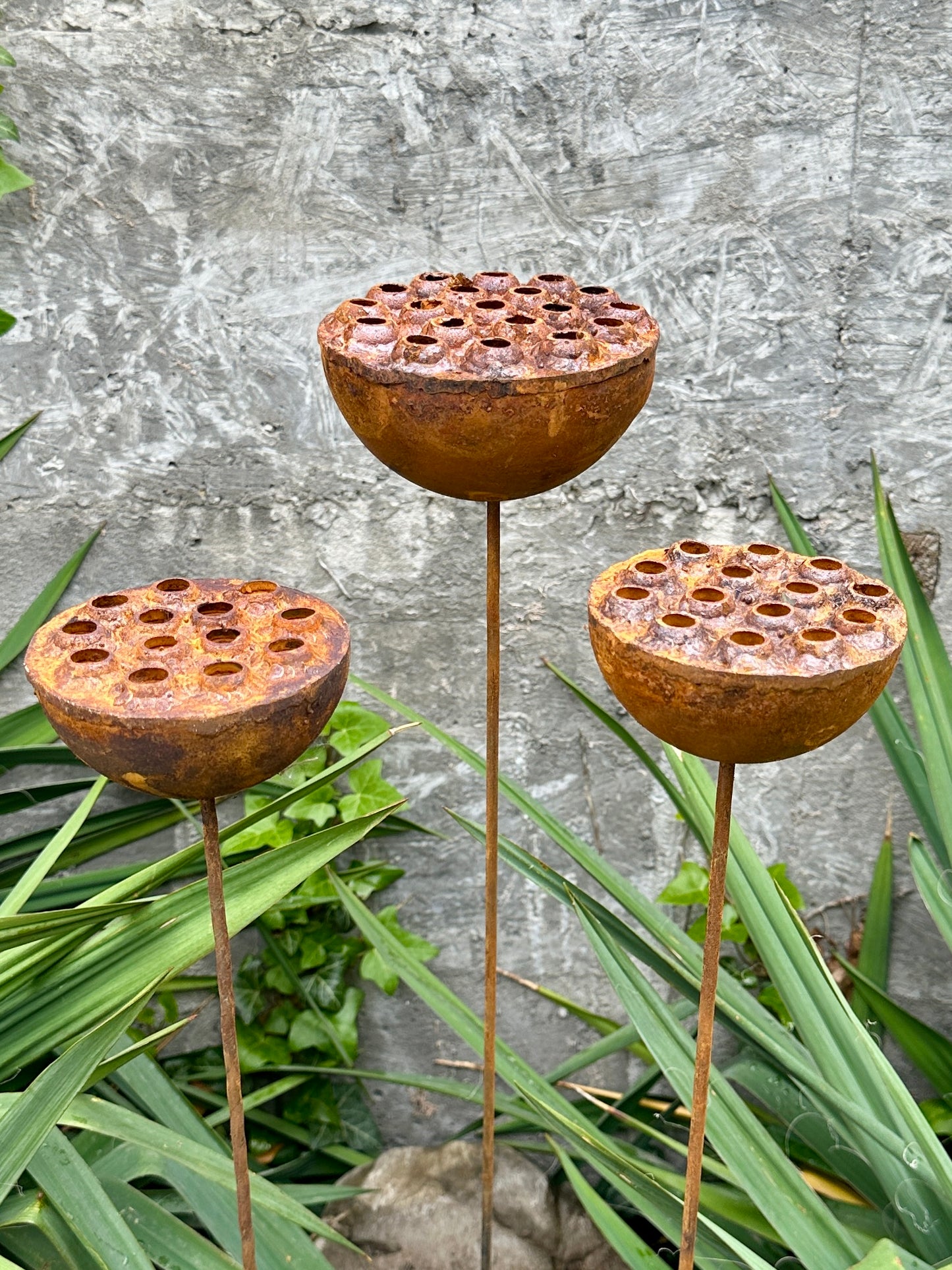 Set of 3 Rustic Metal Lotus Flowers, Garden Decorations, Handmade Sculptures, Rustic Landscaping, Garden Art, Bee and Butterflies Cups