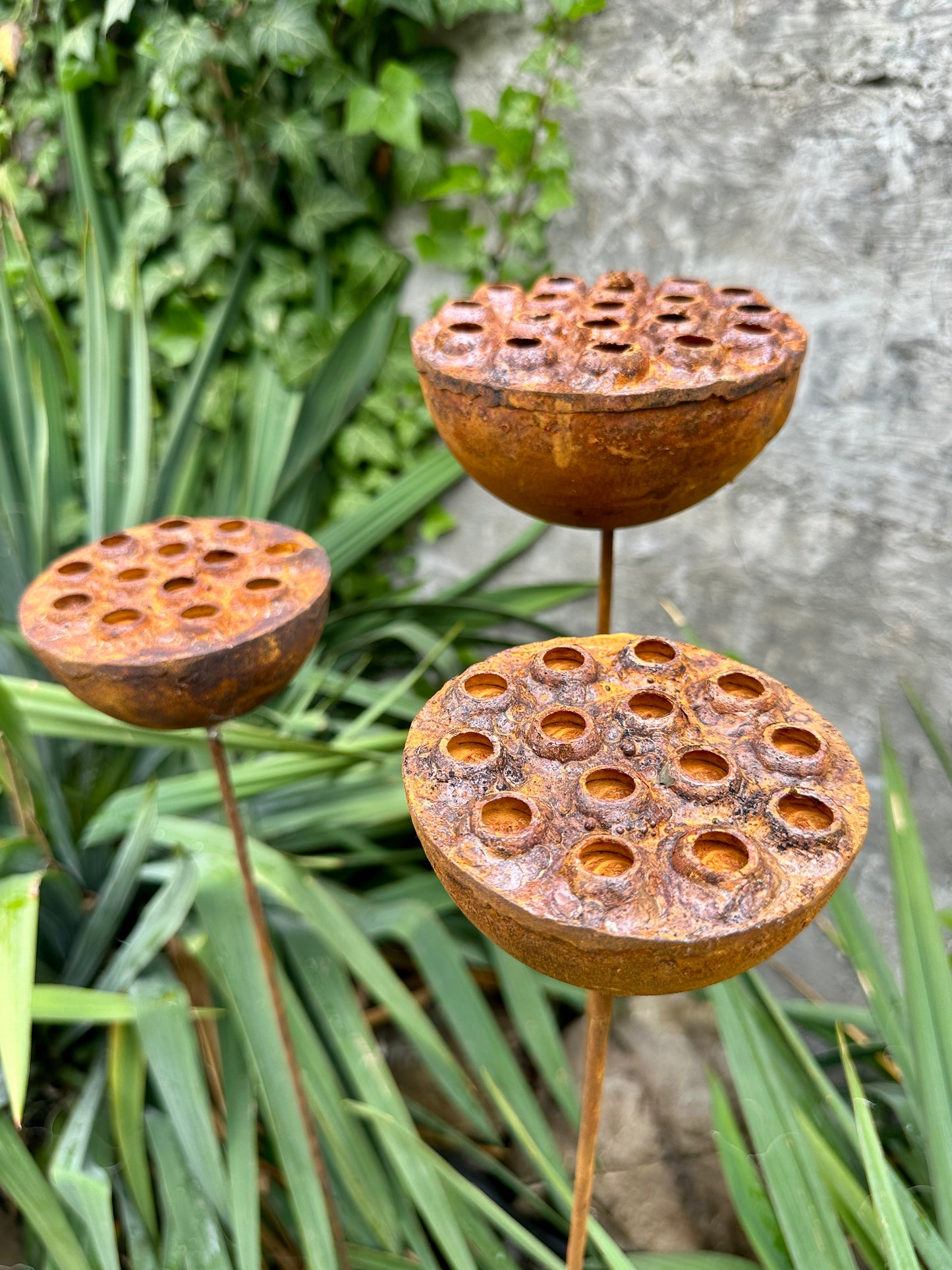 Set of 3 Rustic Metal Lotus Flowers, Garden Decorations, Handmade Sculptures, Rustic Landscaping, Garden Art, Bee and Butterflies Cups