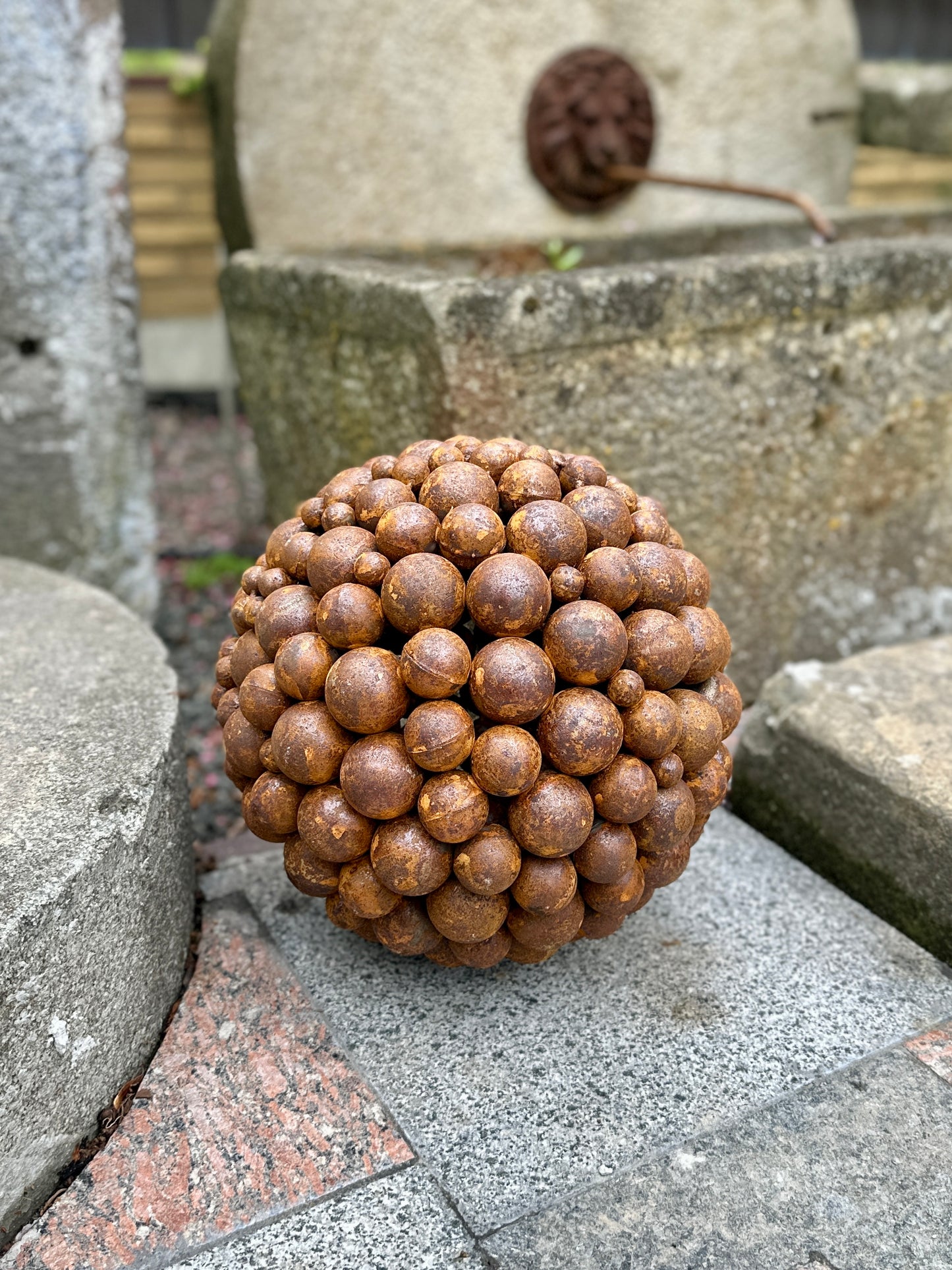 14" Rusty Metal Garden Sphere – Handcrafted Weathered Steel Ball for Outdoor Decor, Modern Yard Art, Rustic Lawn Sculpture