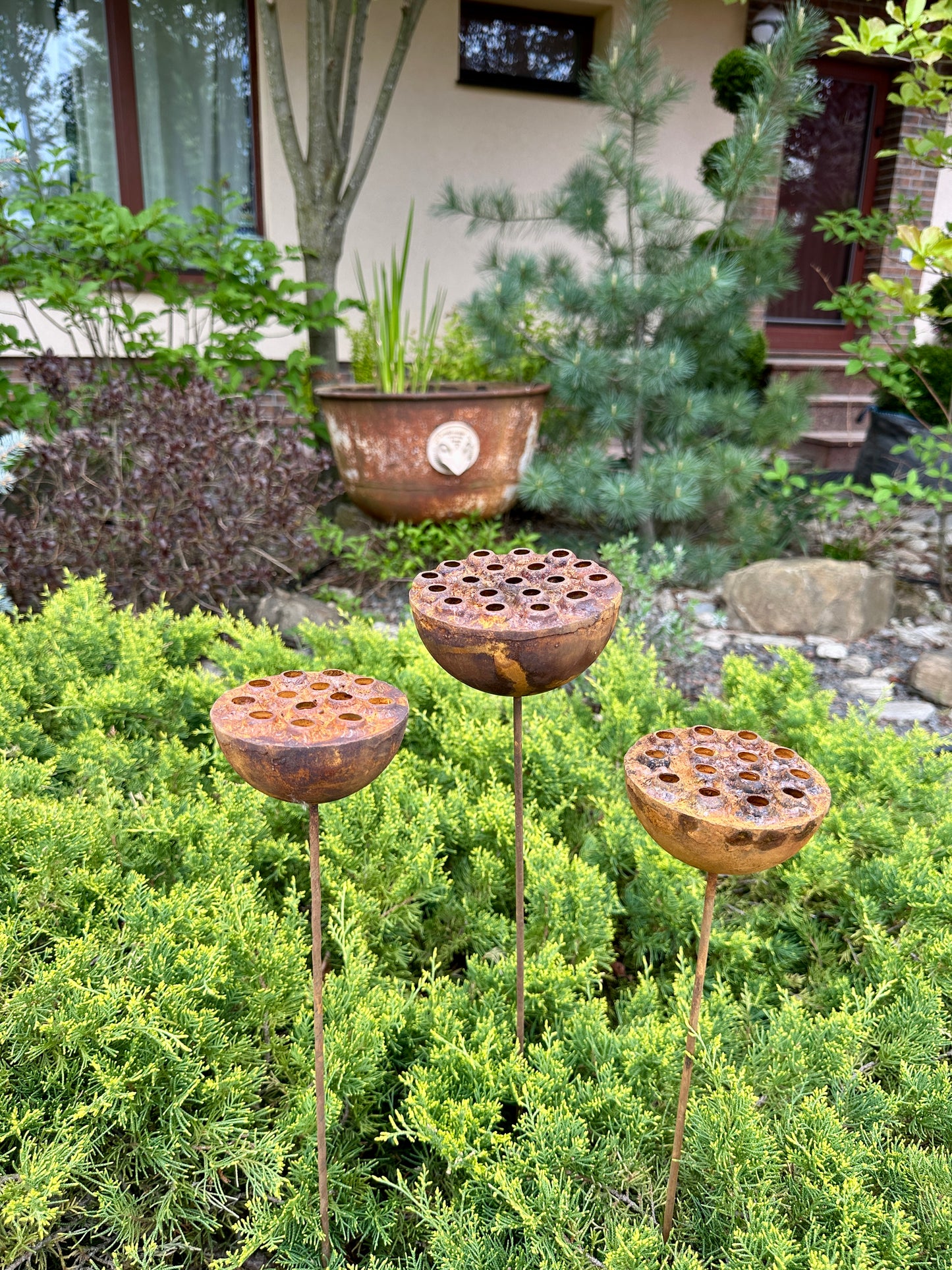 Set of 3 Rustic Metal Lotus Flowers, Garden Decorations, Handmade Sculptures, Rustic Landscaping, Garden Art, Bee and Butterflies Cups