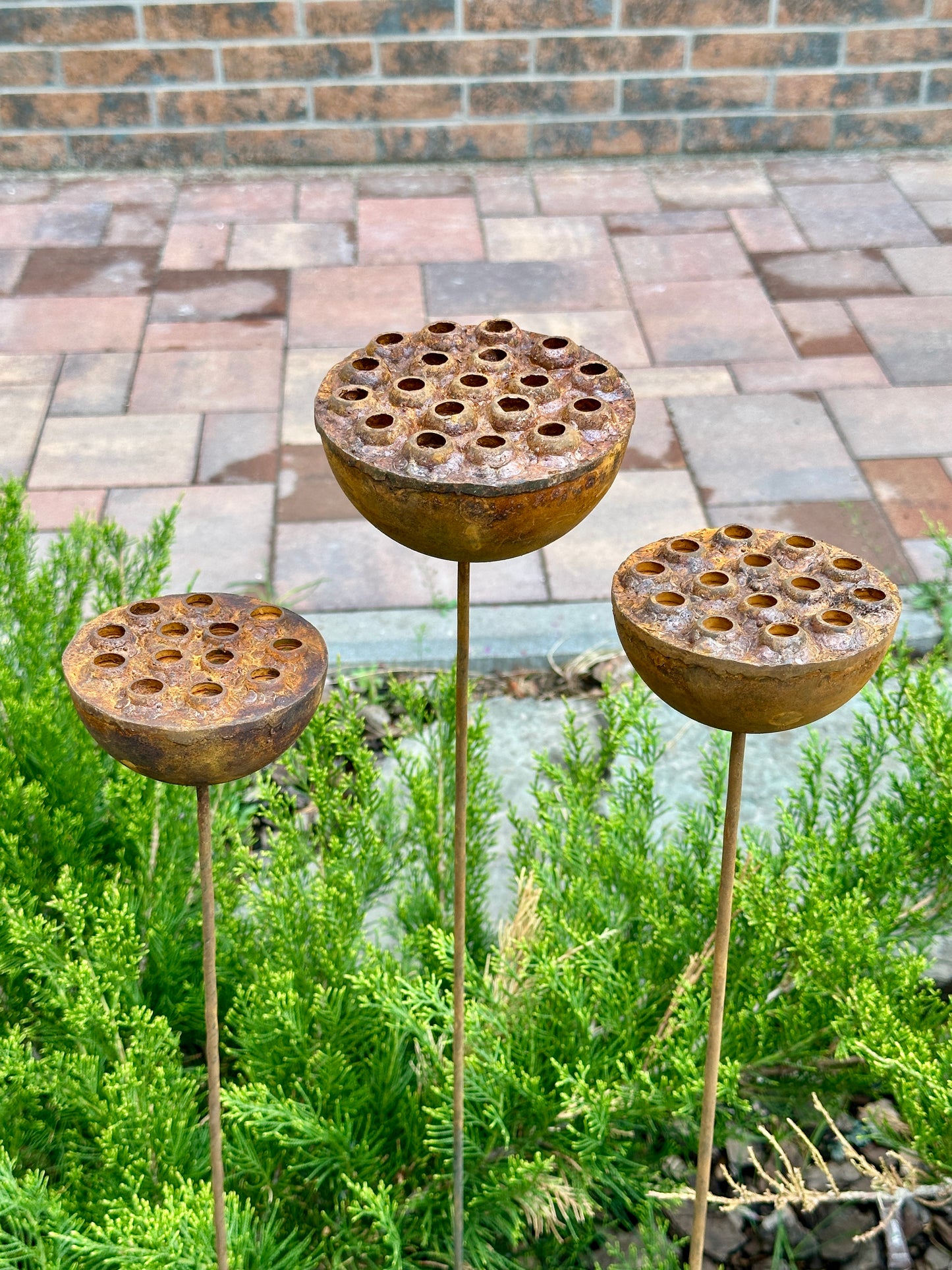 Set of 3 Rustic Metal Lotus Flowers, Garden Decorations, Handmade Sculptures, Rustic Landscaping, Garden Art, Bee and Butterflies Cups