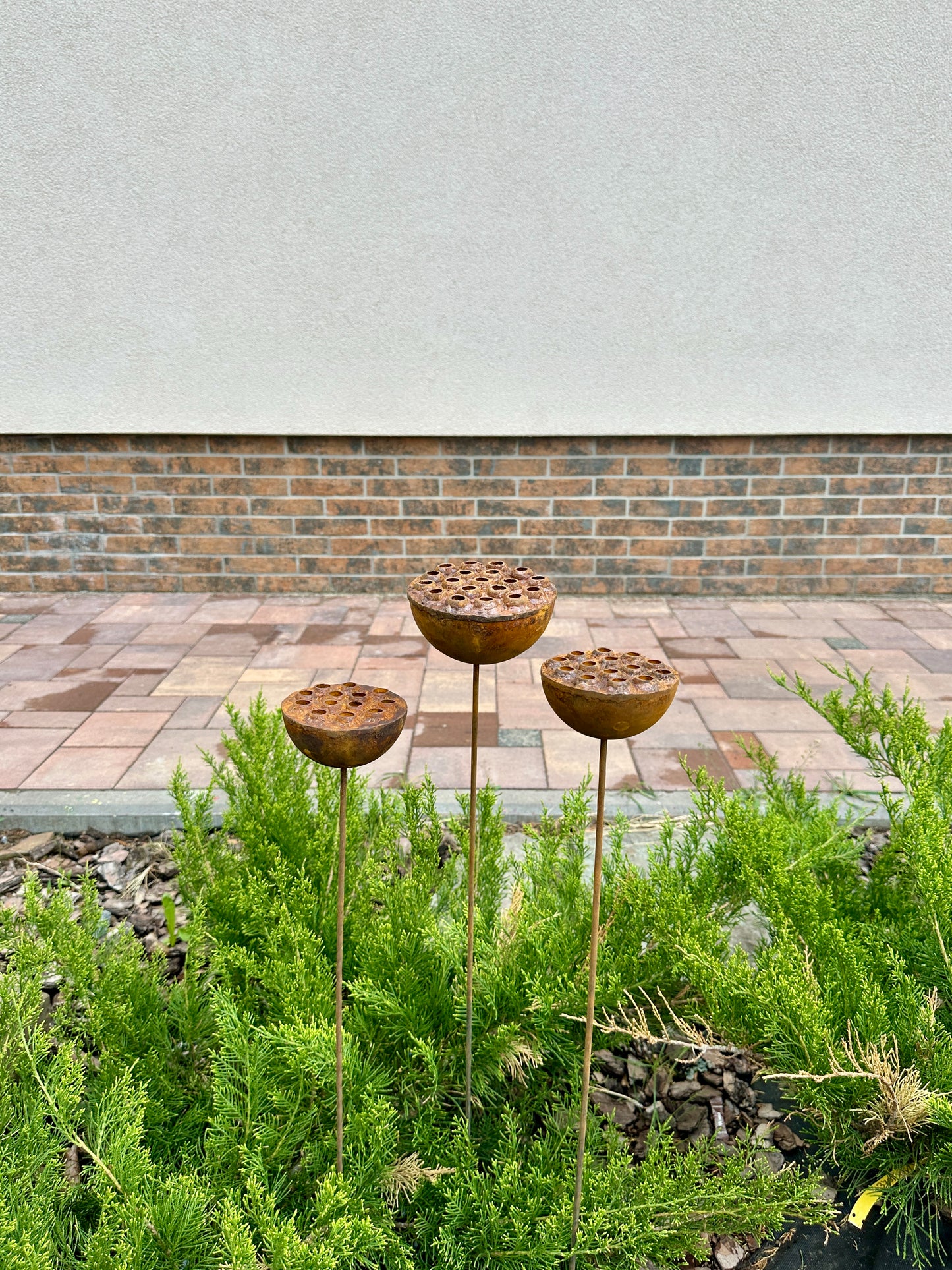 Set of 3 Rustic Metal Lotus Flowers, Garden Decorations, Handmade Sculptures, Rustic Landscaping, Garden Art, Bee and Butterflies Cups