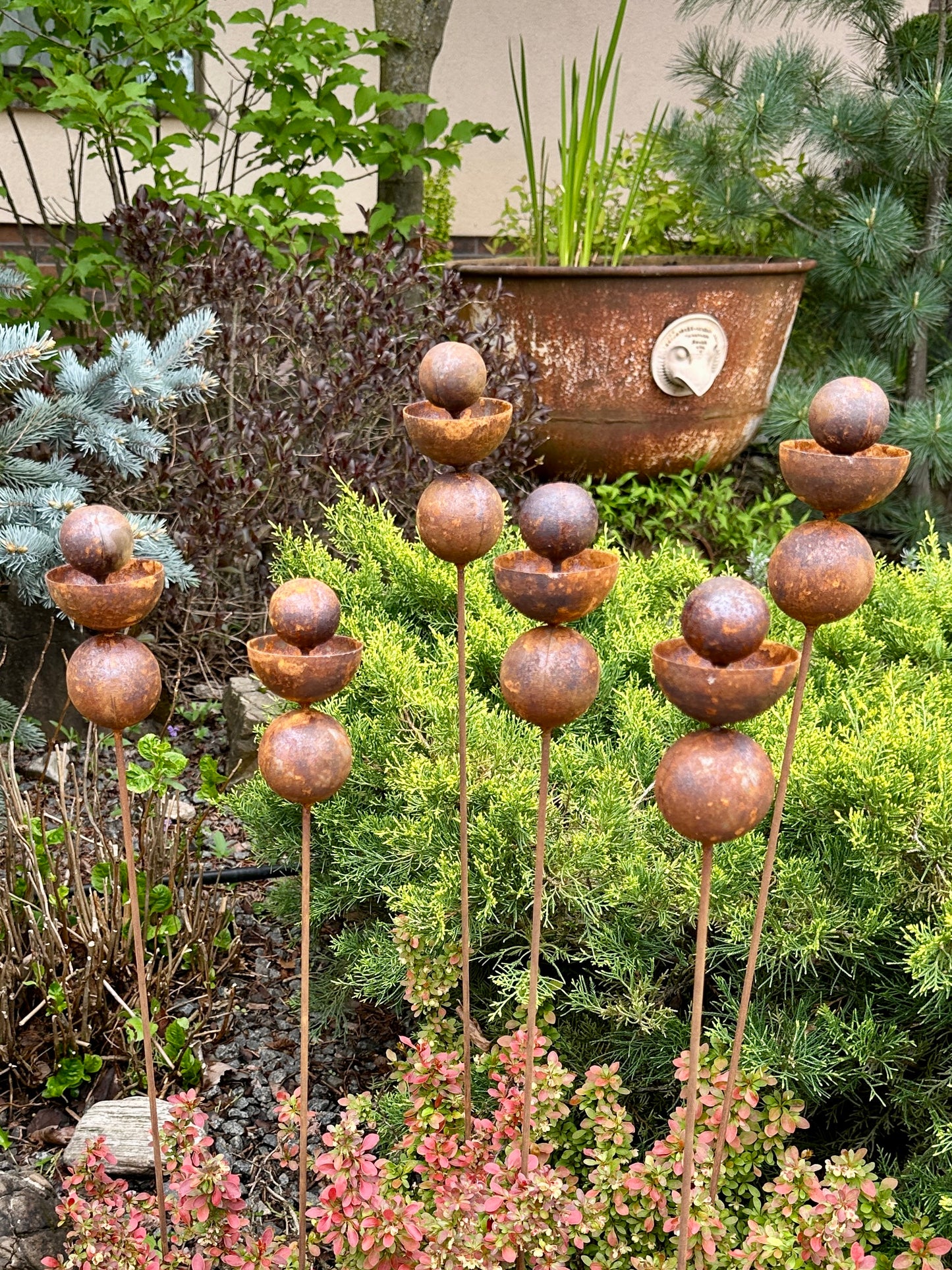 Set of 6 Rusty Metal Flowers, Garden Decorations, Handmade Outdoor Decor for Backyards, Rustic Landscaping, Garden Art, Bee Butterfly Cups