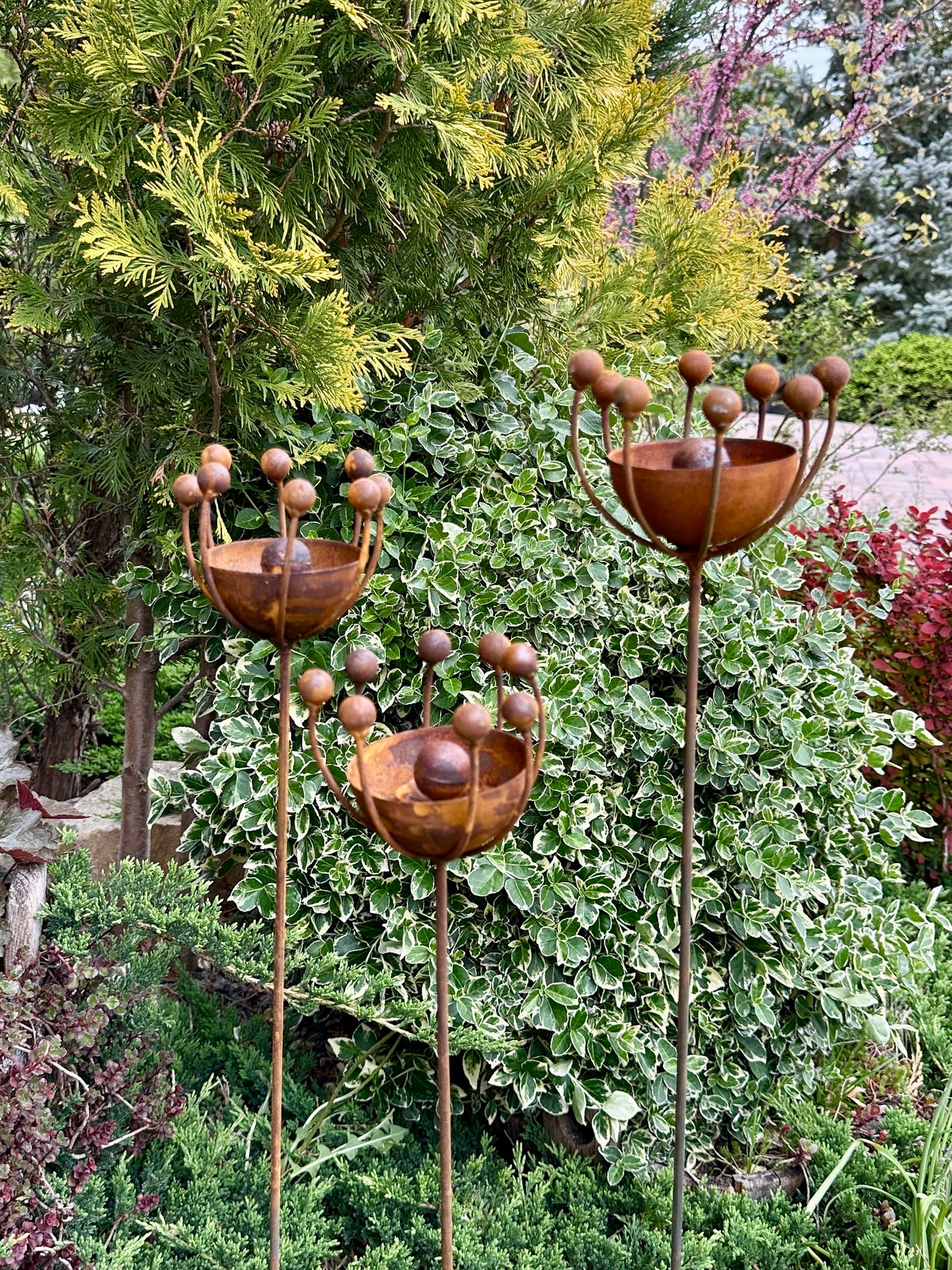Rustic Metal Exotic Flowers Set of 3, Handmade Garden Decor, Outdoor Yard Art, Unique Landscaping Accent, Rusty Flower Rain Catchers Gift