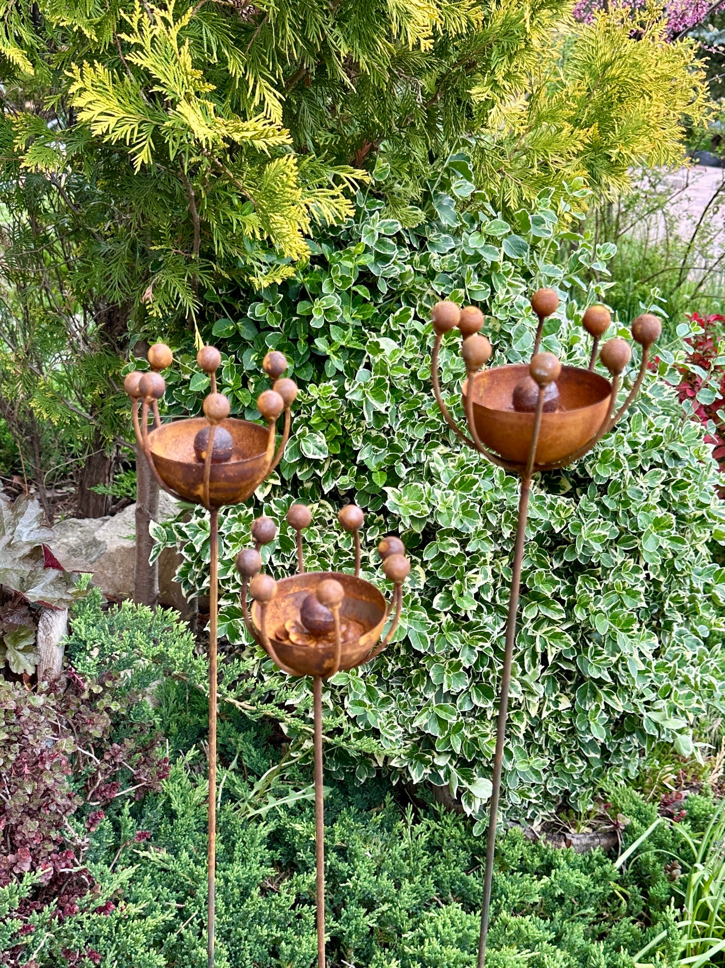 Rustic Metal Exotic Flowers Set of 3, Handmade Garden Decor, Outdoor Yard Art, Unique Landscaping Accent, Rusty Flower Rain Catchers Gift