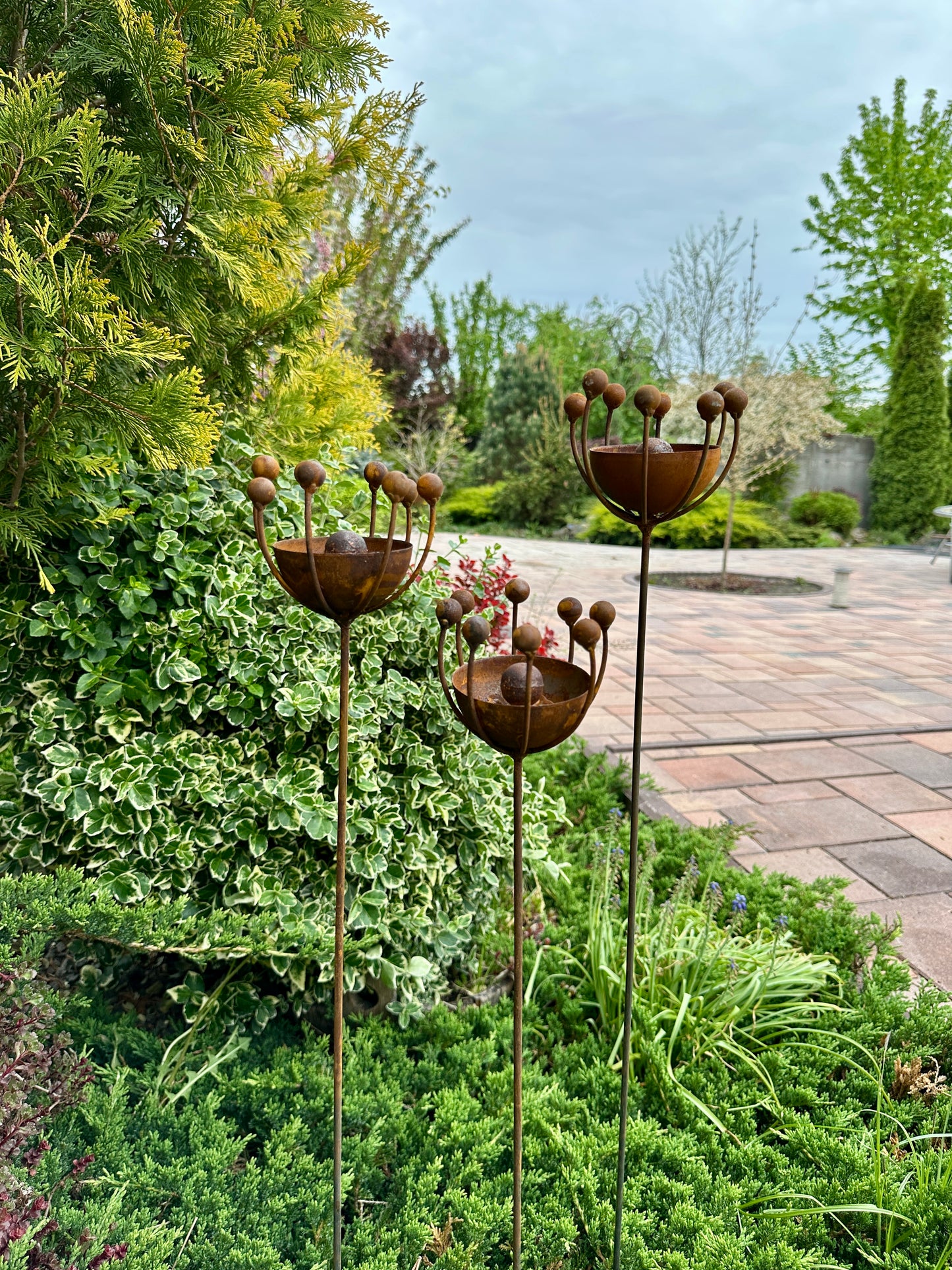 Rustic Metal Exotic Flowers Set of 3, Handmade Garden Decor, Outdoor Yard Art, Unique Landscaping Accent, Rusty Flower Rain Catchers Gift