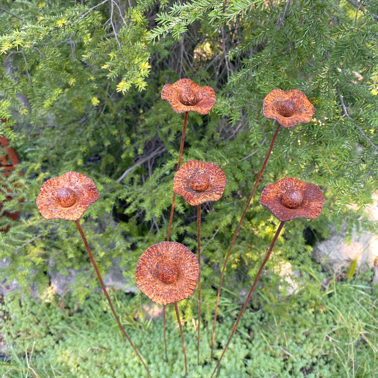 Rusty flowers set of 6, Poppy flowers garden stakes, Metal garden decor, metal yard art, outdoor metal decor, Rusty metal garden decor