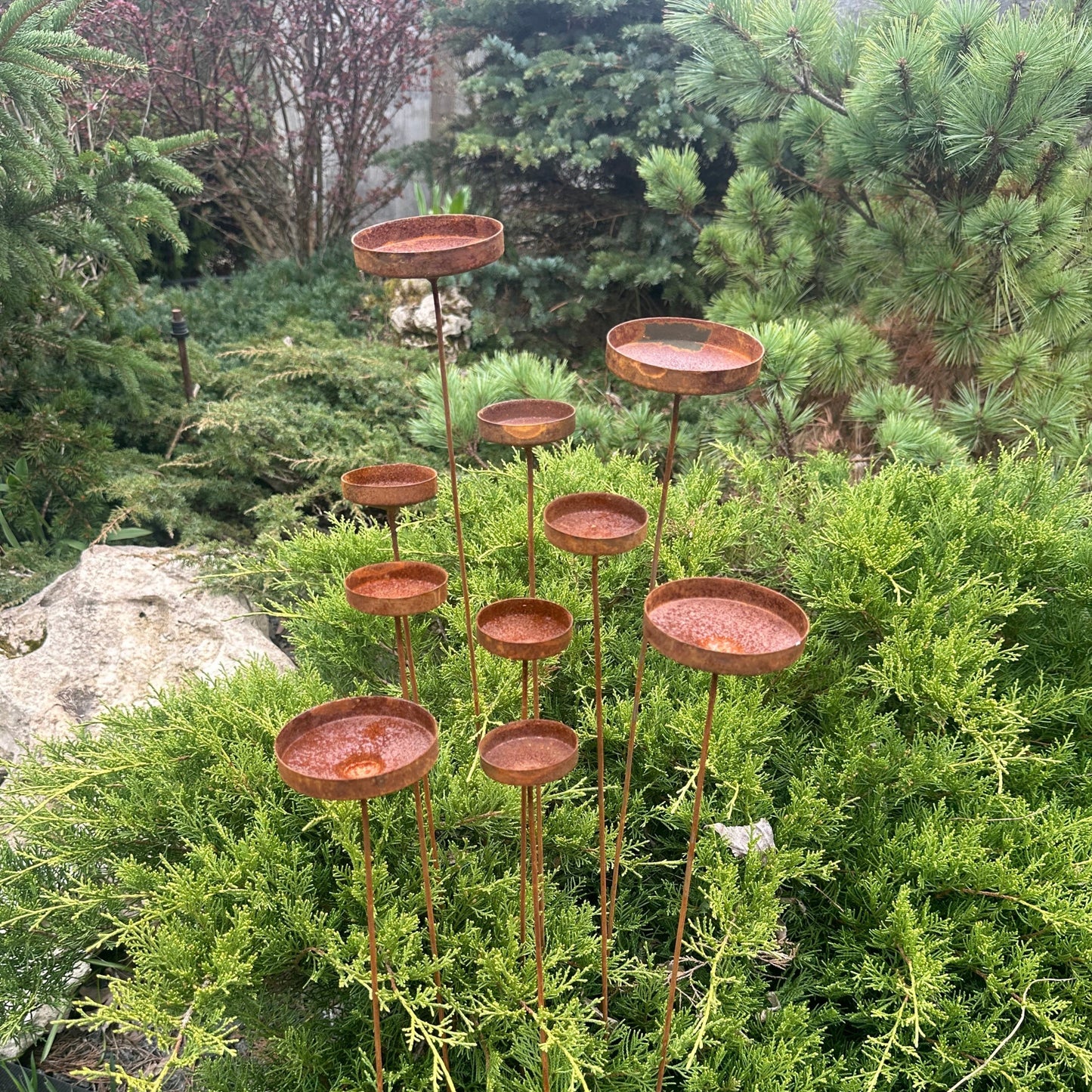Rusty flowers set of 10, Metal rain catchers, yard art, outdoor metal decor, Rusty metal garden stakes