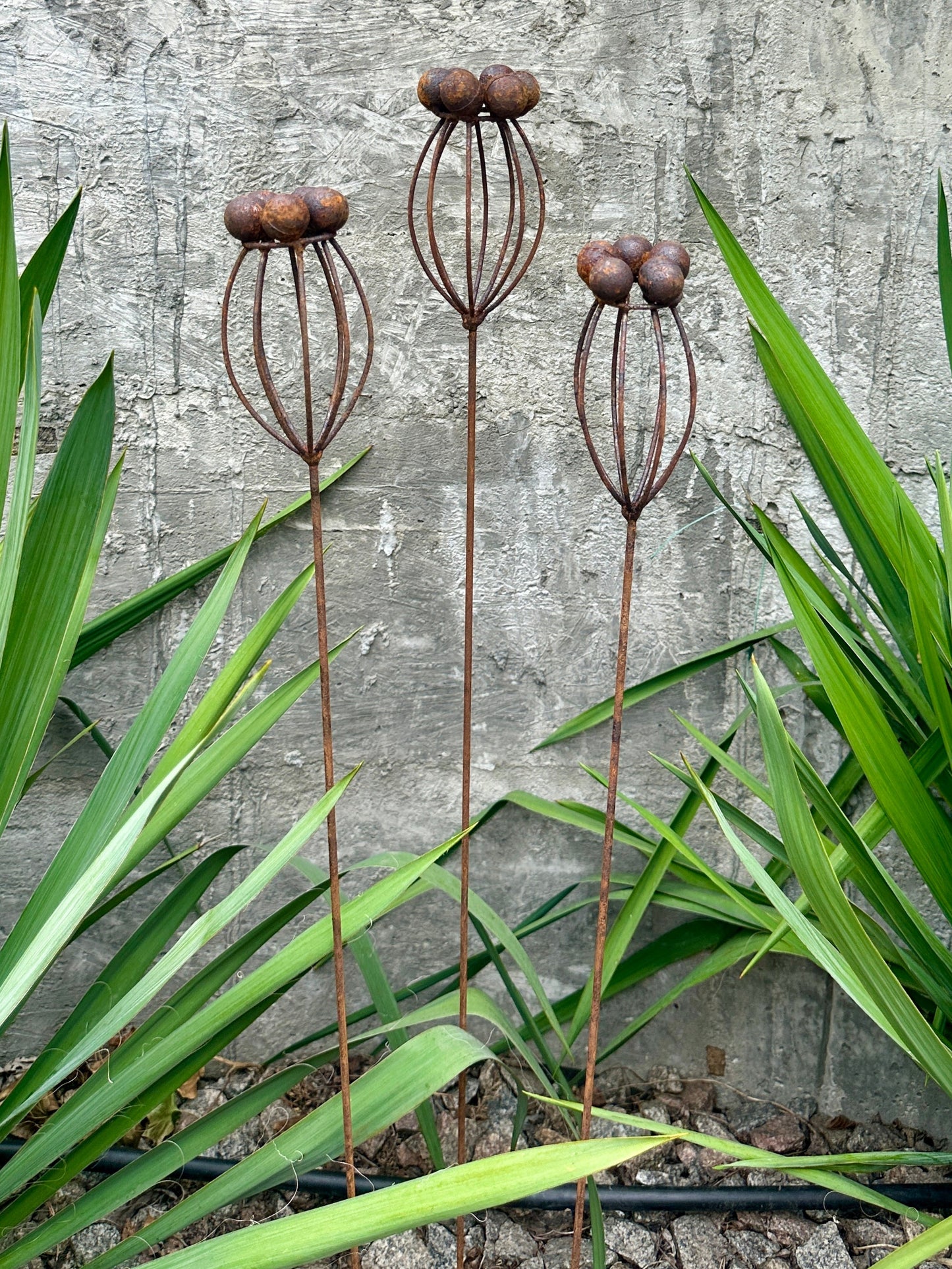 Decorative metal plant stands against a textured wall with green plants.