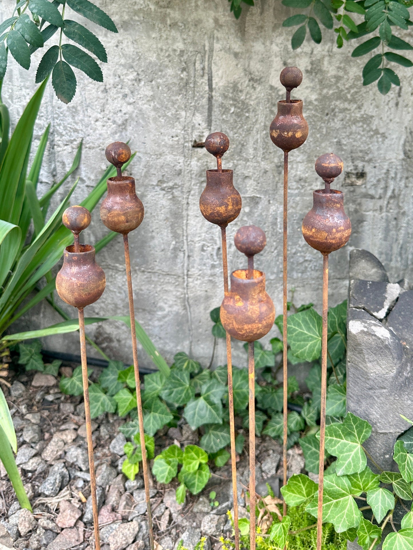 Set of 6 Rusty Metal Flowers, Garden Decorations, Handmade Outdoor Decor for Backyards, Rustic Landscaping, Garden Art, Bee Butterfly Cups