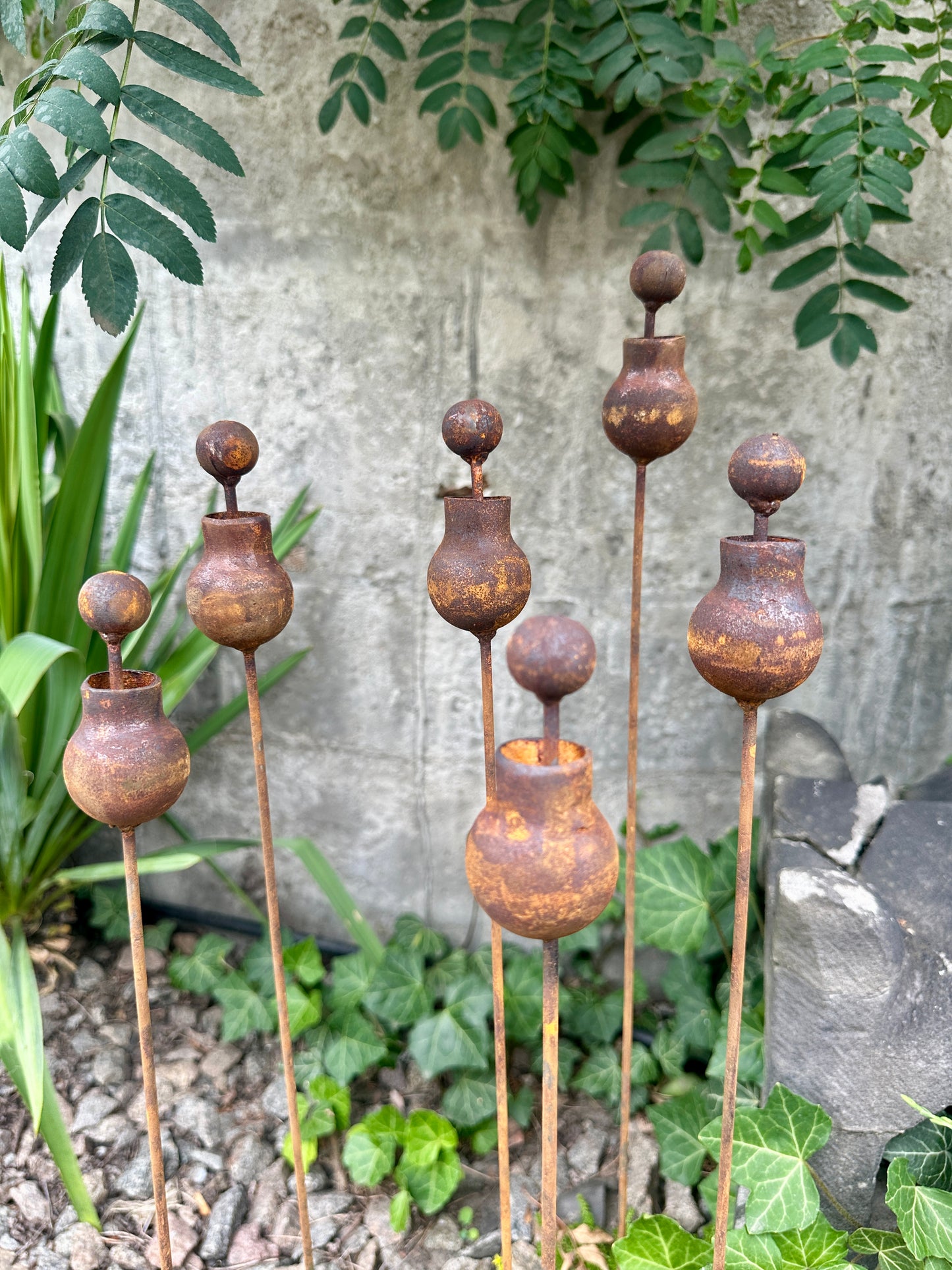 Set of 6 Rusty Metal Flowers, Garden Decorations, Handmade Outdoor Decor for Backyards, Rustic Landscaping, Garden Art, Bee Butterfly Cups