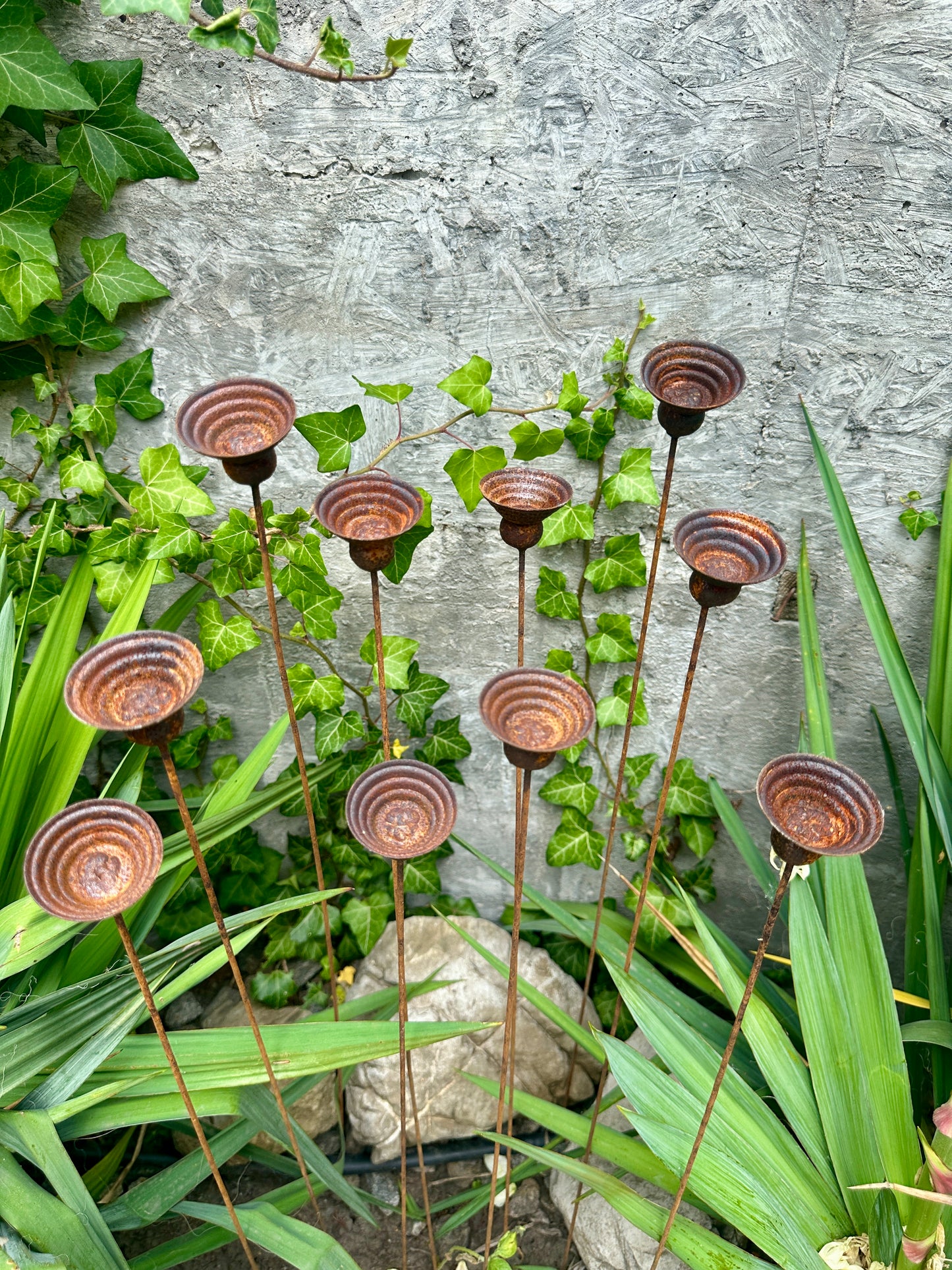 Rusty Metal Flowers Set of 10, Garden Decor, Handmade Outdoor Stakes, Rustic Yard Art, Landscaping Accents, Bee Butterfly Water Cups