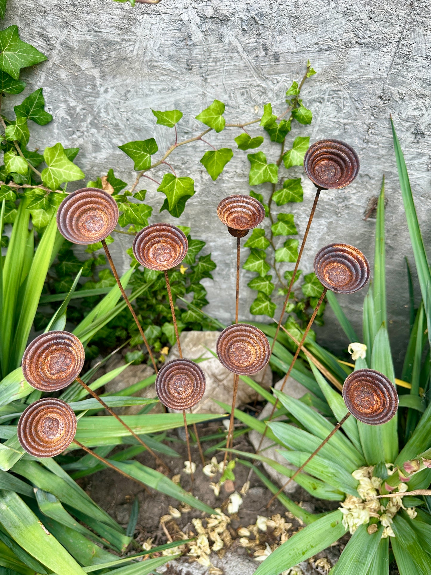 Rusty Metal Flowers Set of 10, Garden Decor, Handmade Outdoor Stakes, Rustic Yard Art, Landscaping Accents, Bee Butterfly Water Cups