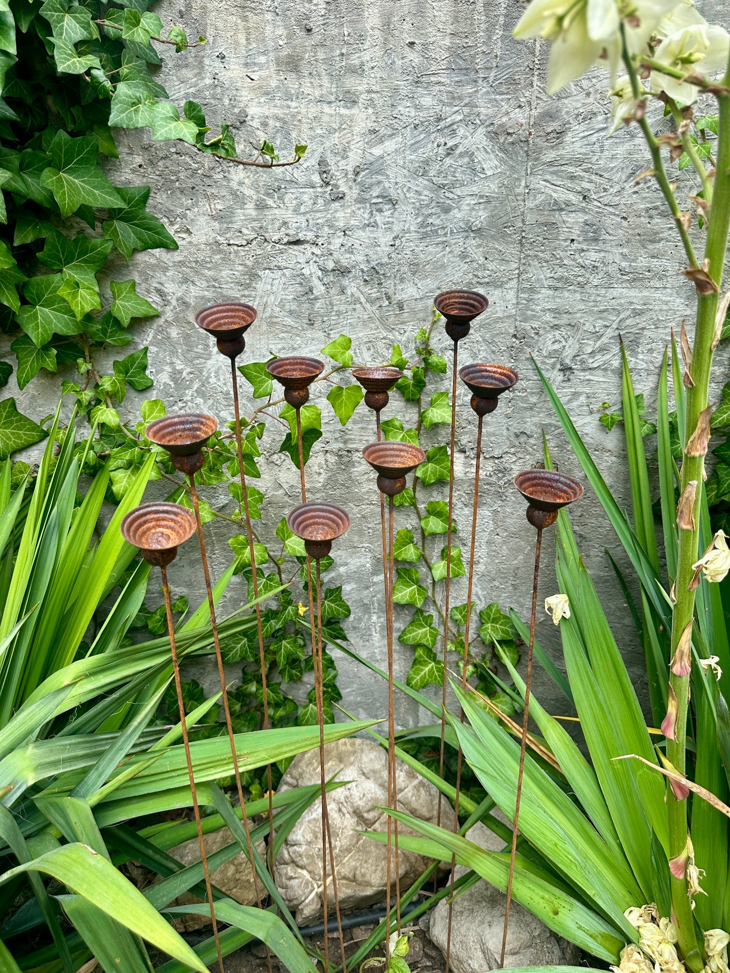 Rusty Metal Flowers Set of 10, Garden Decor, Handmade Outdoor Stakes, Rustic Yard Art, Landscaping Accents, Bee Butterfly Water Cups