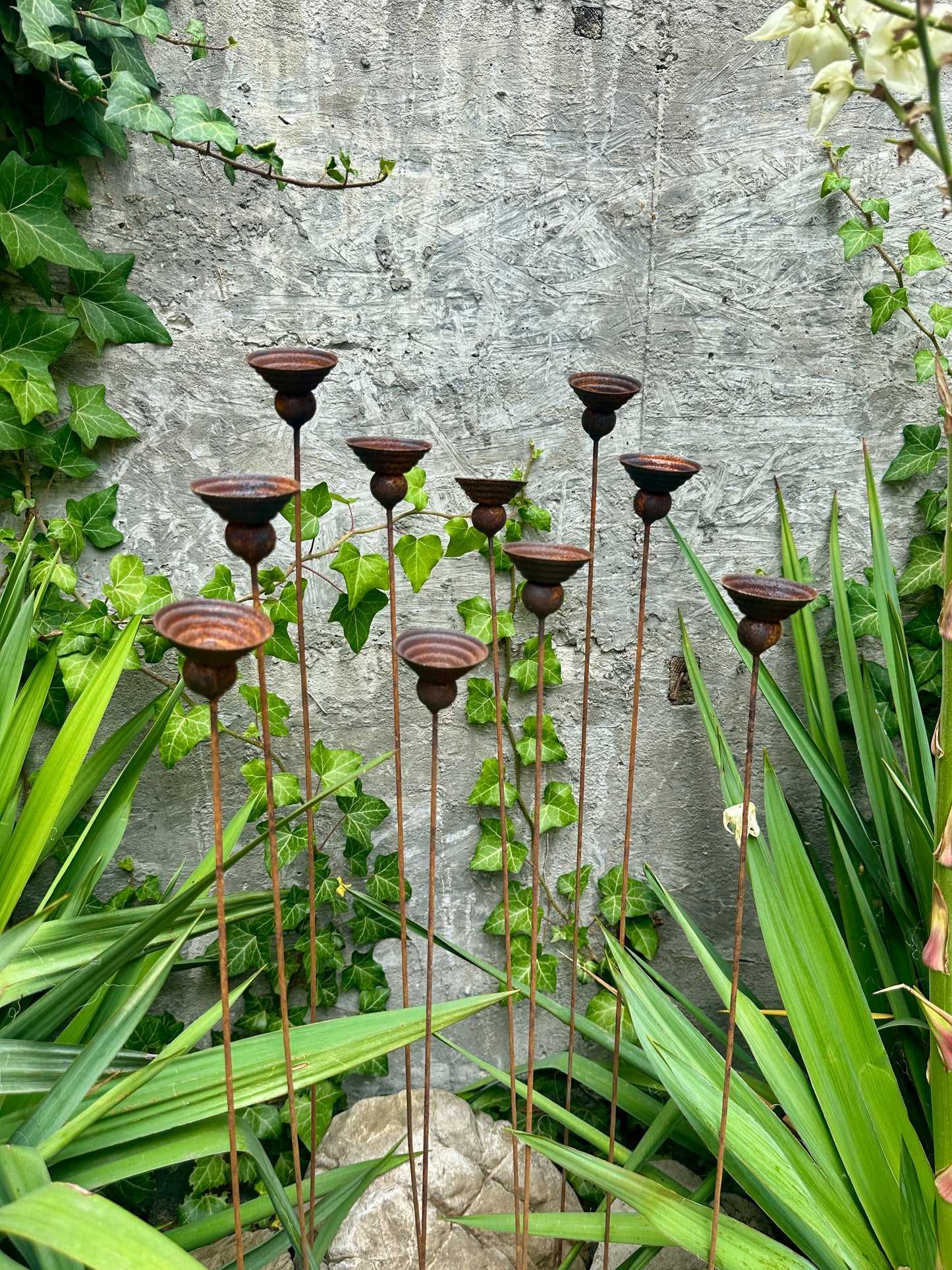 Rusty Metal Flowers Set of 10, Garden Decor, Handmade Outdoor Stakes, Rustic Yard Art, Landscaping Accents, Bee Butterfly Water Cups