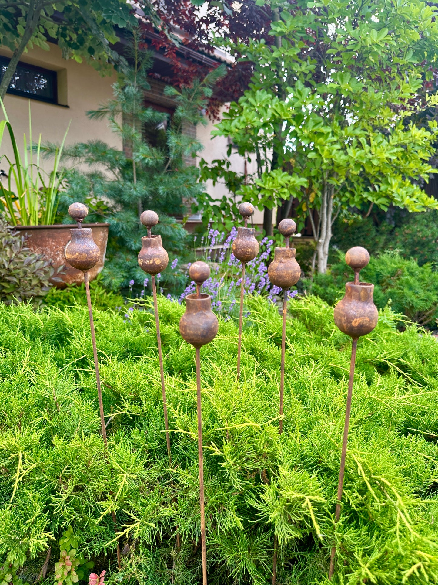 Set of 6 Rusty Metal Flowers, Garden Decorations, Handmade Outdoor Decor for Backyards, Rustic Landscaping, Garden Art, Bee Butterfly Cups