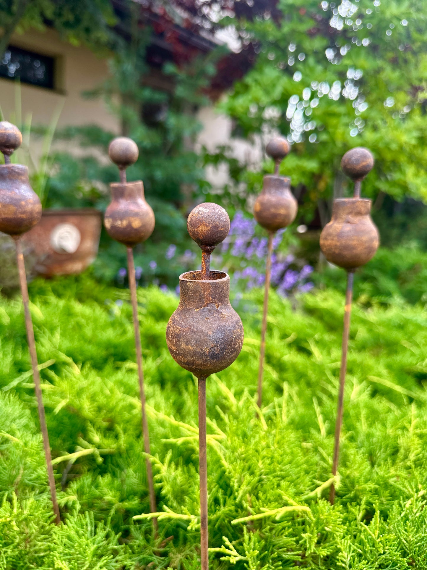 Set of 6 Rusty Metal Flowers, Garden Decorations, Handmade Outdoor Decor for Backyards, Rustic Landscaping, Garden Art, Bee Butterfly Cups