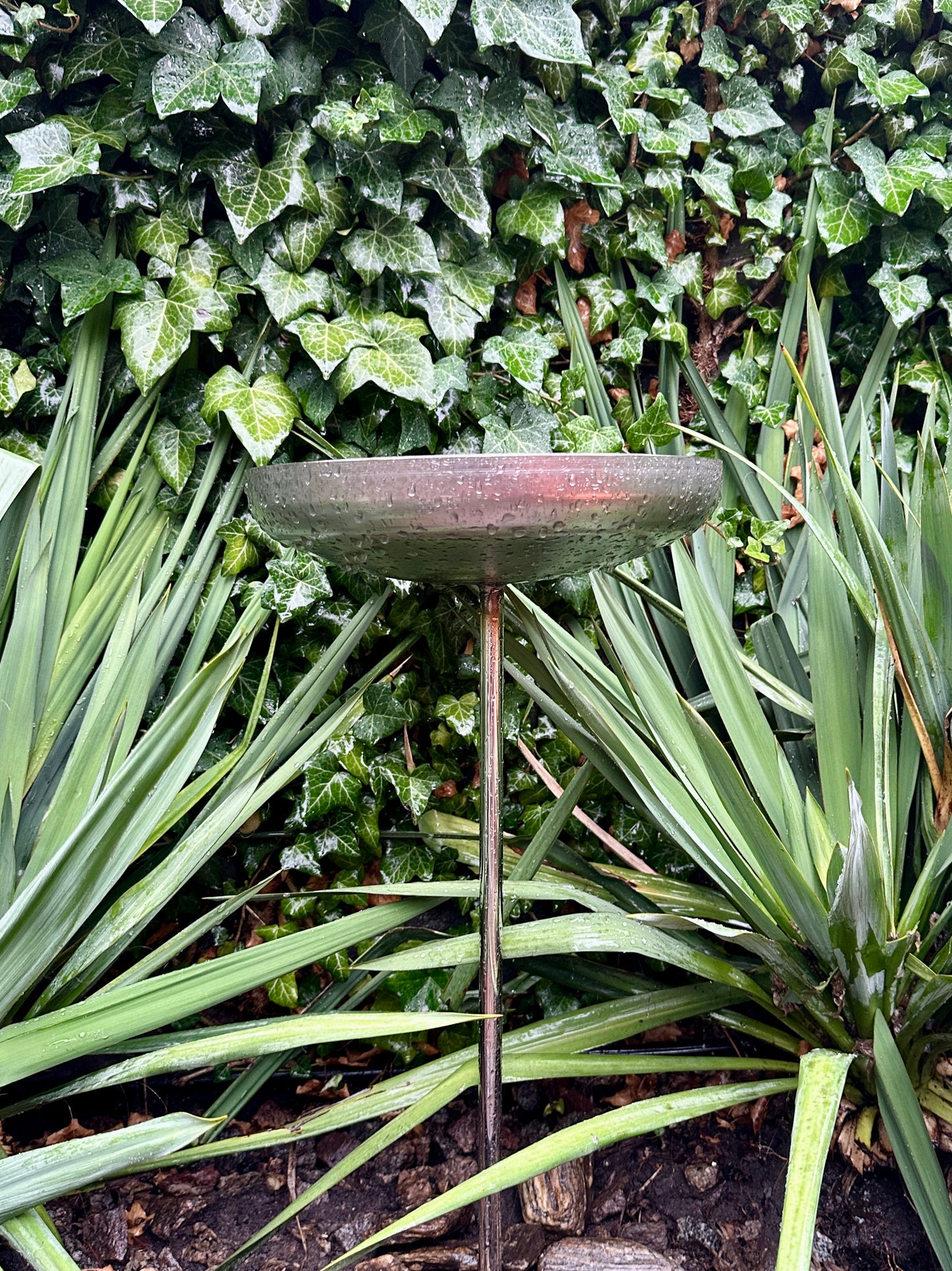 12” Stainless Steel Rain Catcher Bird Bath Feeder Bowl Garden Stake Yard Art Unique Outdoor Garden Decor Weathered Accent