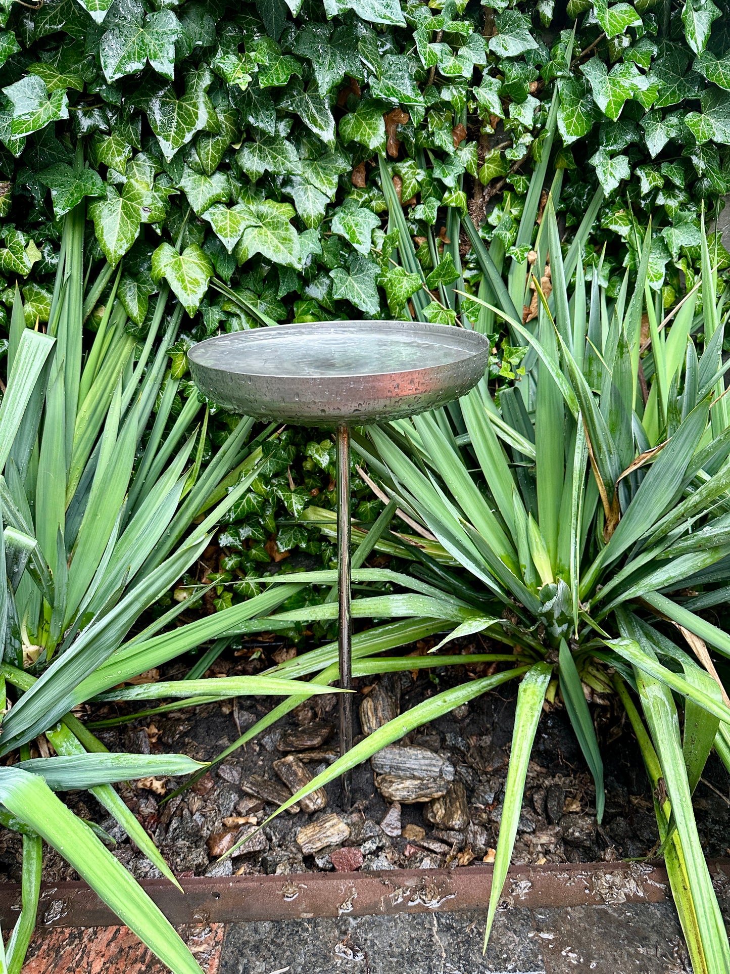 12” Stainless Steel Rain Catcher Bird Bath Feeder Bowl Garden Stake Yard Art Unique Outdoor Garden Decor Weathered Accent
