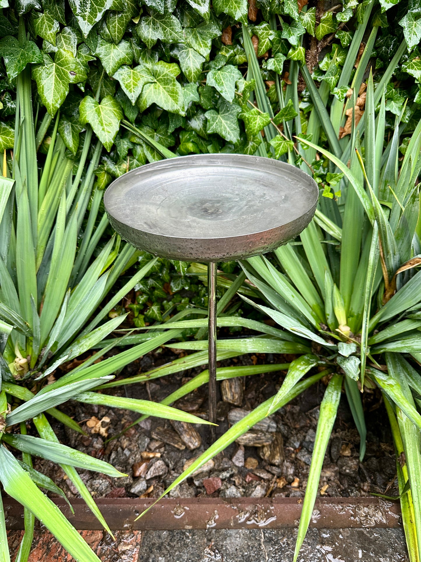12” Stainless Steel Rain Catcher Bird Bath Feeder Bowl Garden Stake Yard Art Unique Outdoor Garden Decor Weathered Accent