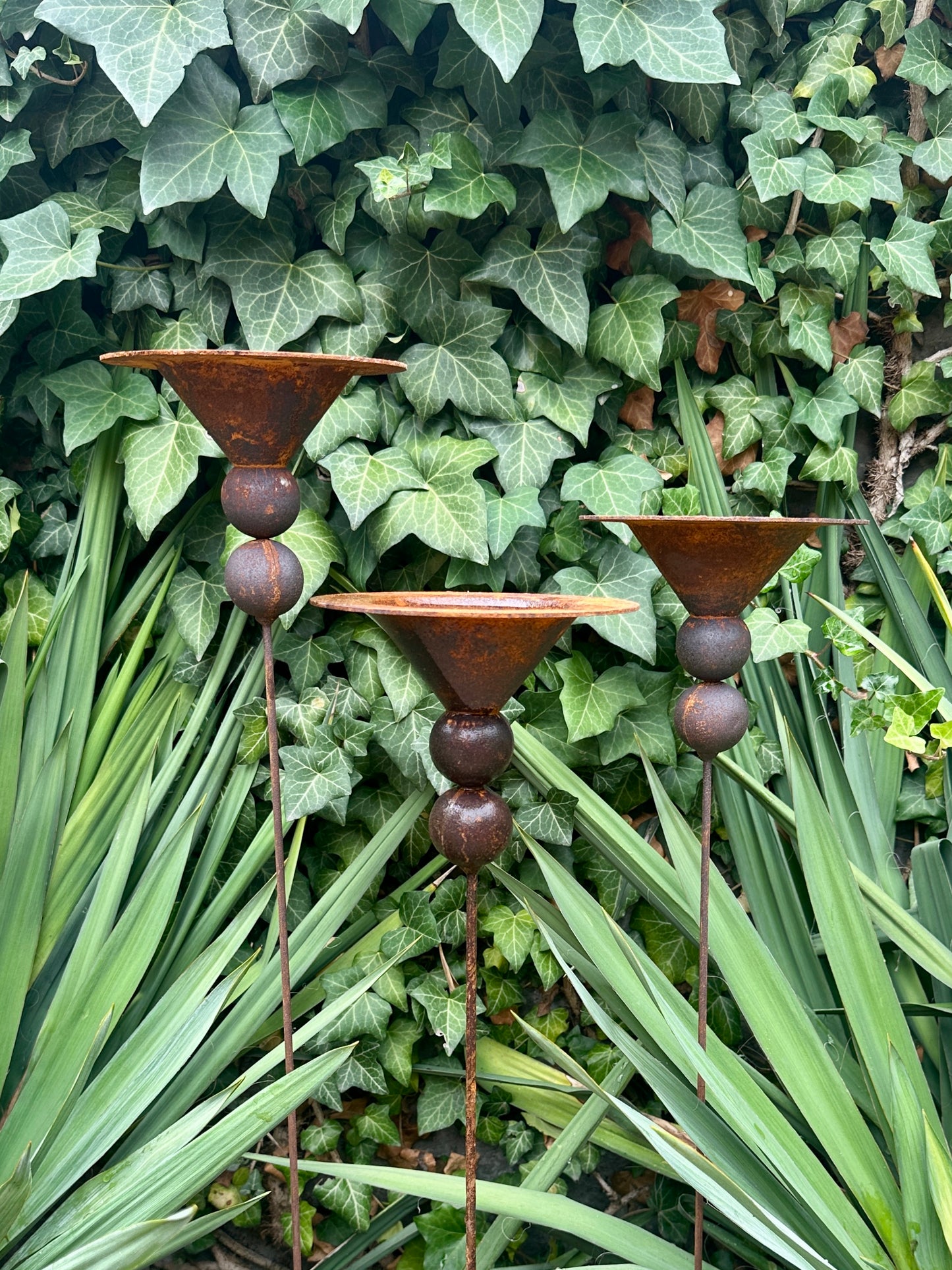 Set of 3 Rusty Metal Flowers, Garden Decorations, Handmade Outdoor Decor for Backyards, Rustic Landscaping, Garden Art, Bee Butterfly Cups
