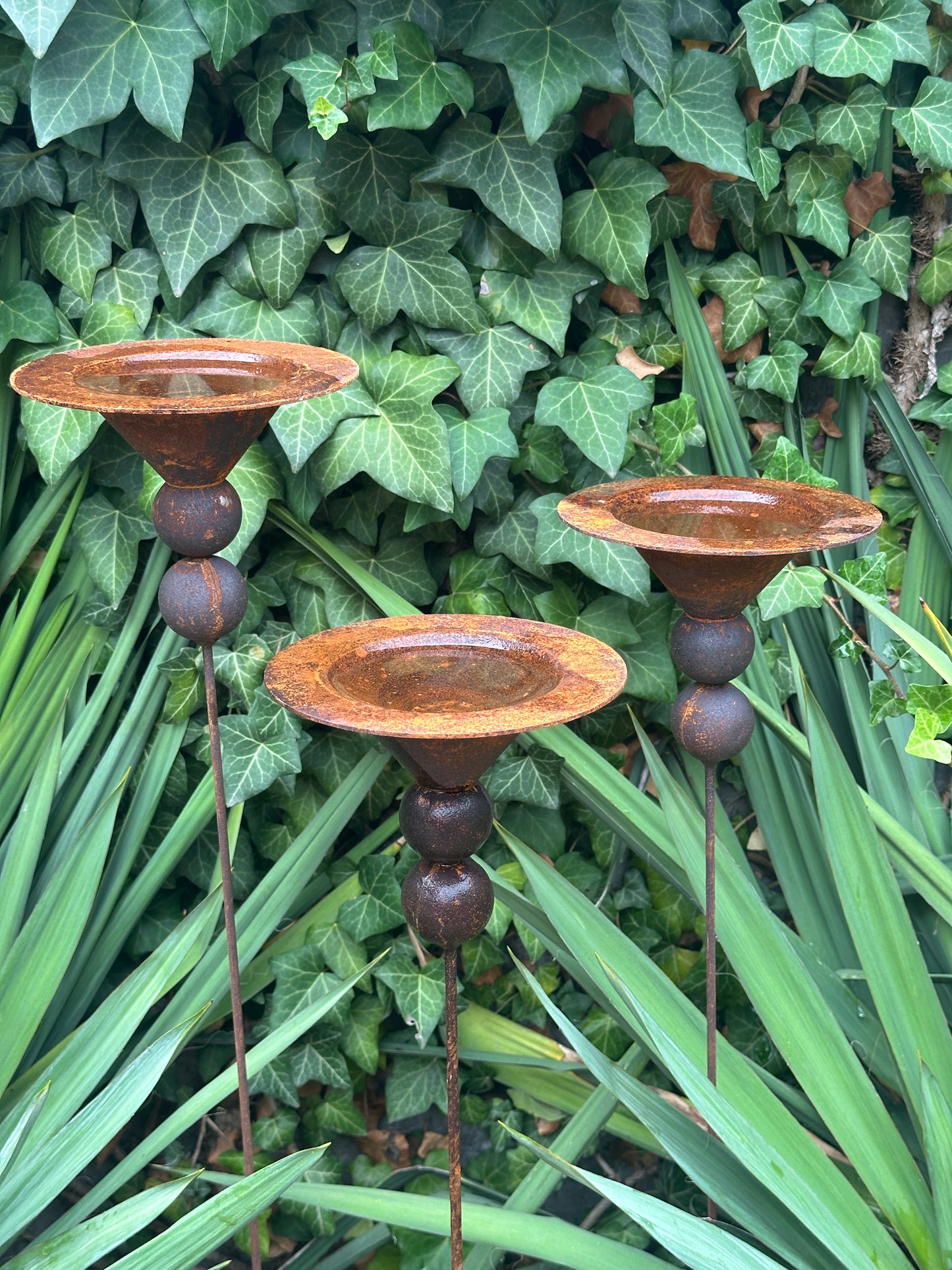 Set of 3 Rusty Metal Flowers, Garden Decorations, Handmade Outdoor Decor for Backyards, Rustic Landscaping, Garden Art, Bee Butterfly Cups