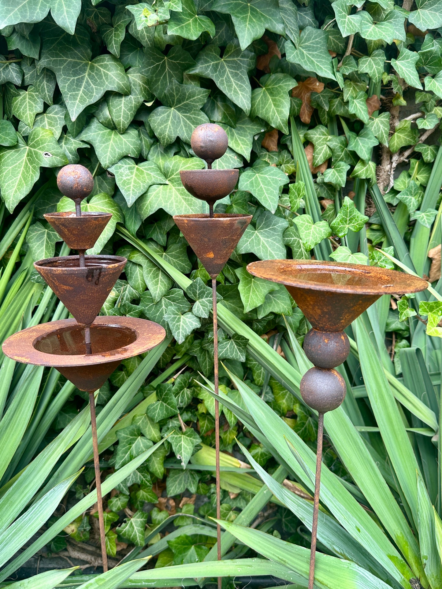 Set of 3 Rusty Metal Flowers, Handmade Outdoor Decor for Backyards, Rustic Landscaping, Garden Art, Bee Butterfly Cups (Copy)