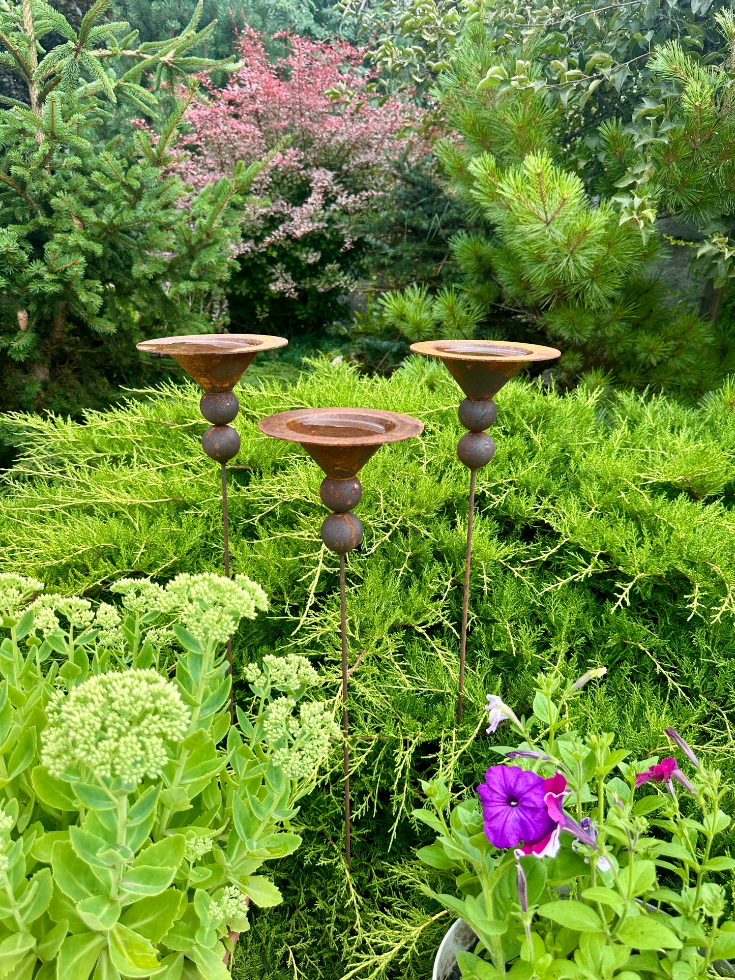 Set of 3 Rusty Metal Flowers, Garden Decorations, Handmade Outdoor Decor for Backyards, Rustic Landscaping, Garden Art, Bee Butterfly Cups
